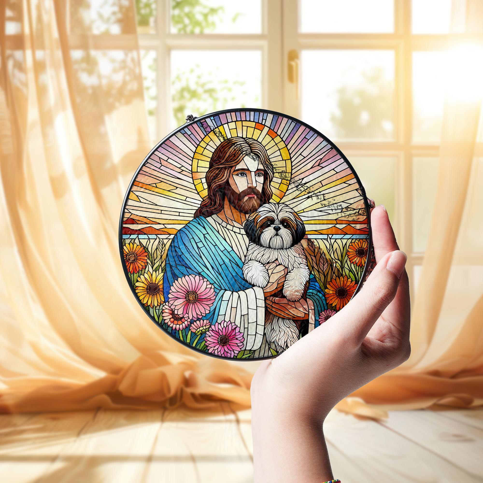 Jesus Holding Shih Tzu Glass Suncatcher, Pet Memorial Gift, Dog Lover Window Decor, Rainbow Bridge Keepsake for Dog Parents