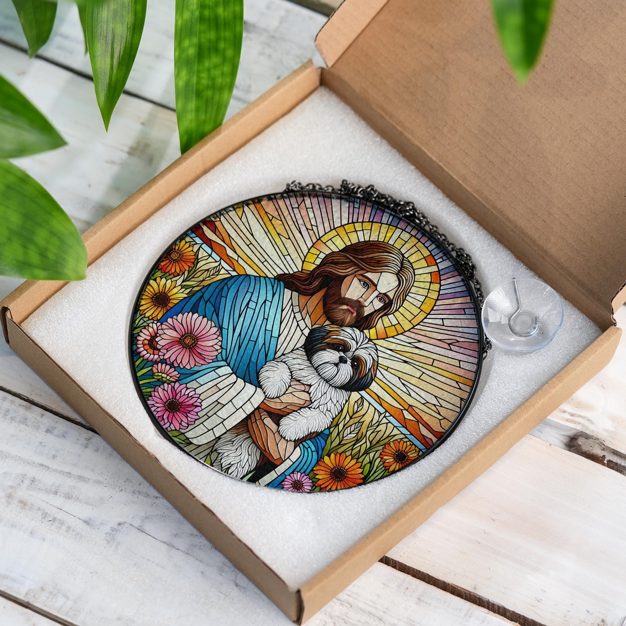 Jesus Holding Shih Tzu Glass Suncatcher, Pet Memorial Gift, Dog Lover Window Decor, Rainbow Bridge Keepsake for Dog Parents