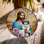 Jesus Holding Shih Tzu Glass Suncatcher, Pet Memorial Gift, Dog Lover Window Decor, Rainbow Bridge Keepsake for Dog Parents