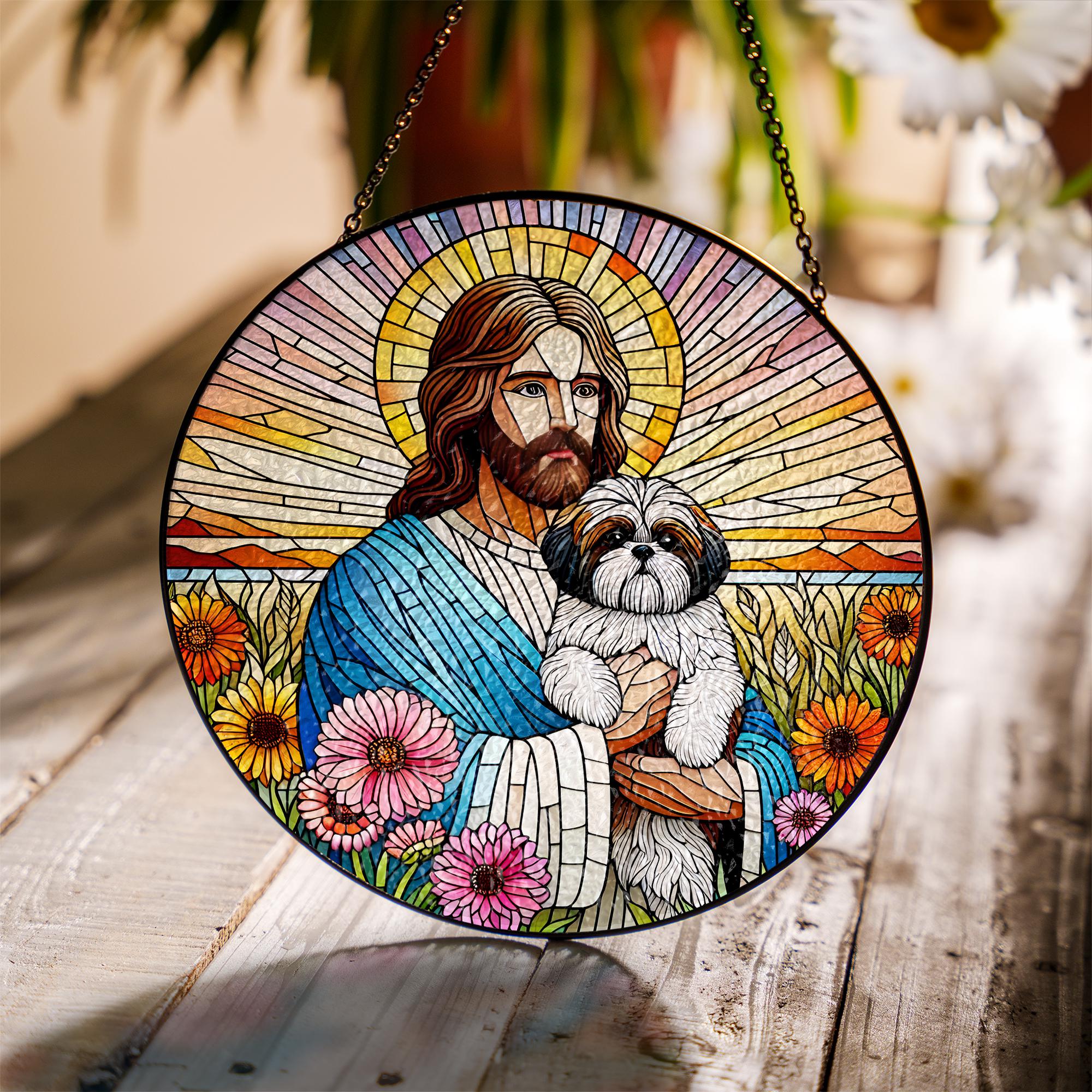 Jesus Holding Shih Tzu Glass Suncatcher, Pet Memorial Gift, Dog Lover Window Decor, Rainbow Bridge Keepsake for Dog Parents