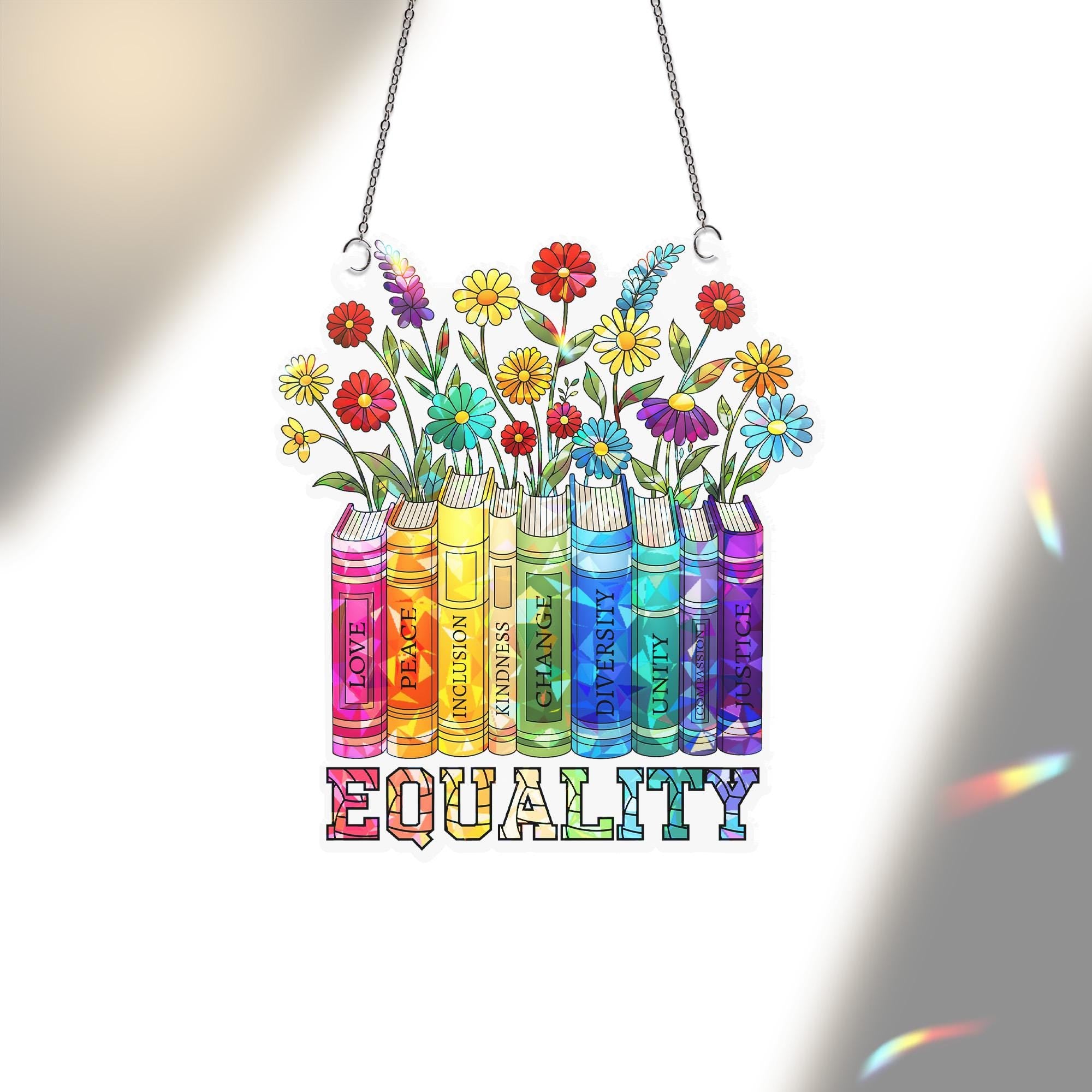 Equality LGBT Bookshelf Suncatcher, Acrylic Window Hanging Ornament, Inspirational Reading Lover Gift, LGBTQ+ Pride Month Gift