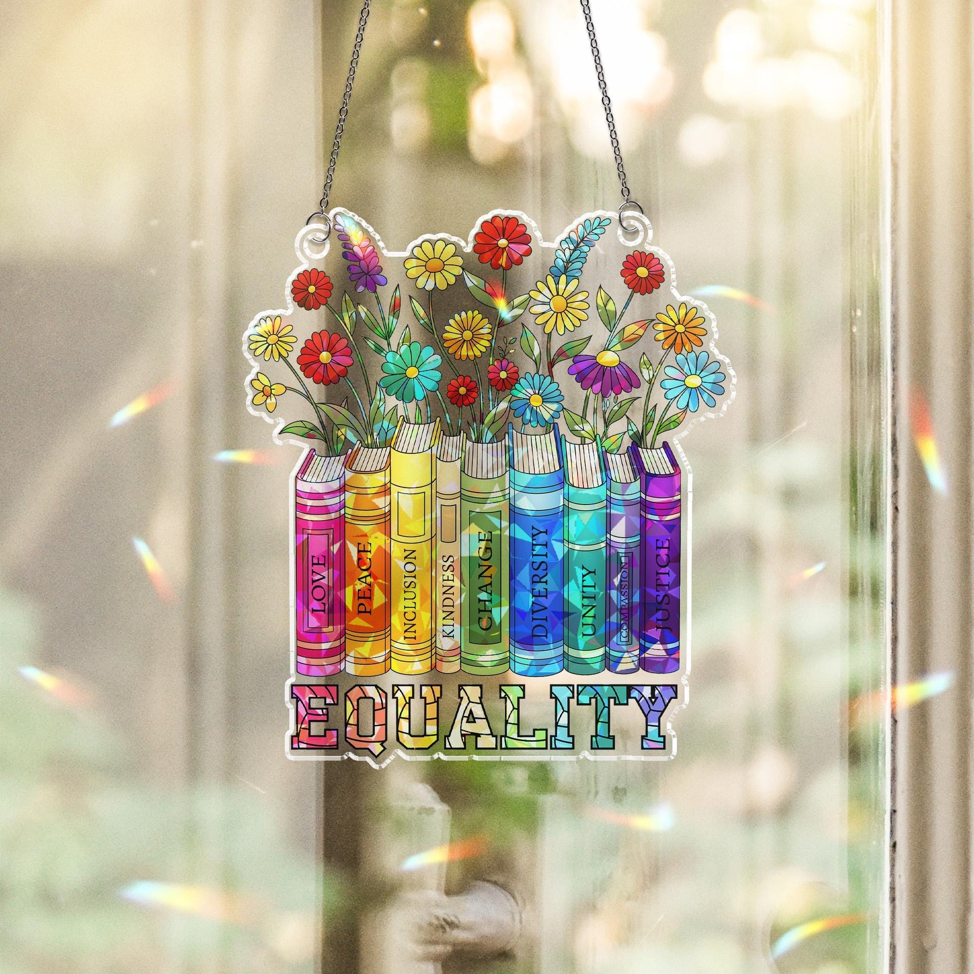 Equality LGBT Bookshelf Suncatcher, Acrylic Window Hanging Ornament, Inspirational Reading Lover Gift, LGBTQ+ Pride Month Gift
