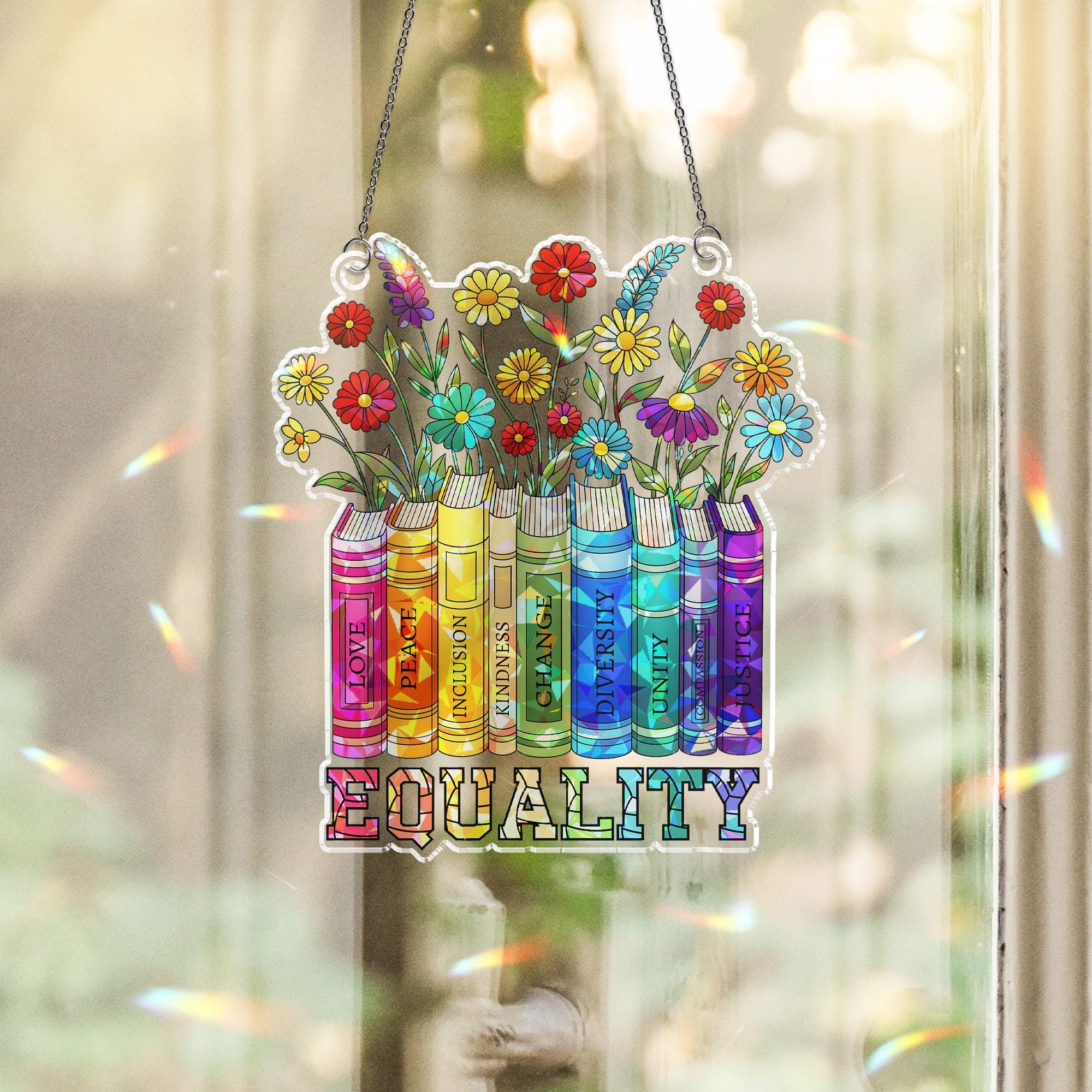 Equality LGBT Bookshelf Suncatcher, Acrylic Window Hanging Ornament, Inspirational Reading Lover Gift, LGBTQ+ Pride Month Gift