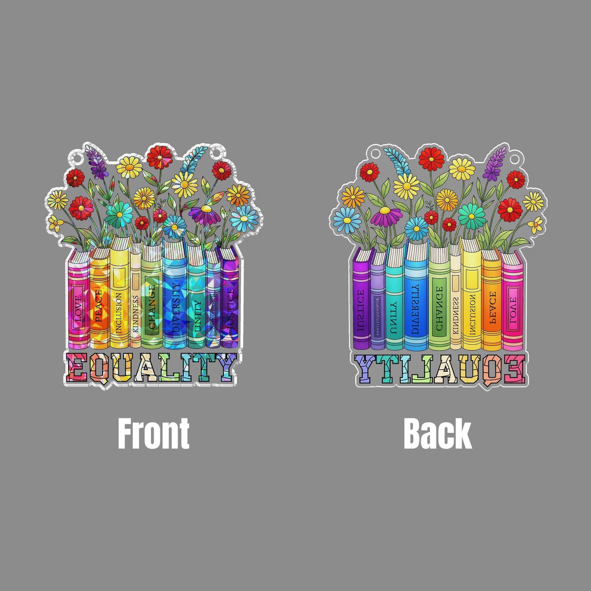 Equality LGBT Bookshelf Suncatcher, Acrylic Window Hanging Ornament, Inspirational Reading Lover Gift, LGBTQ+ Pride Month Gift
