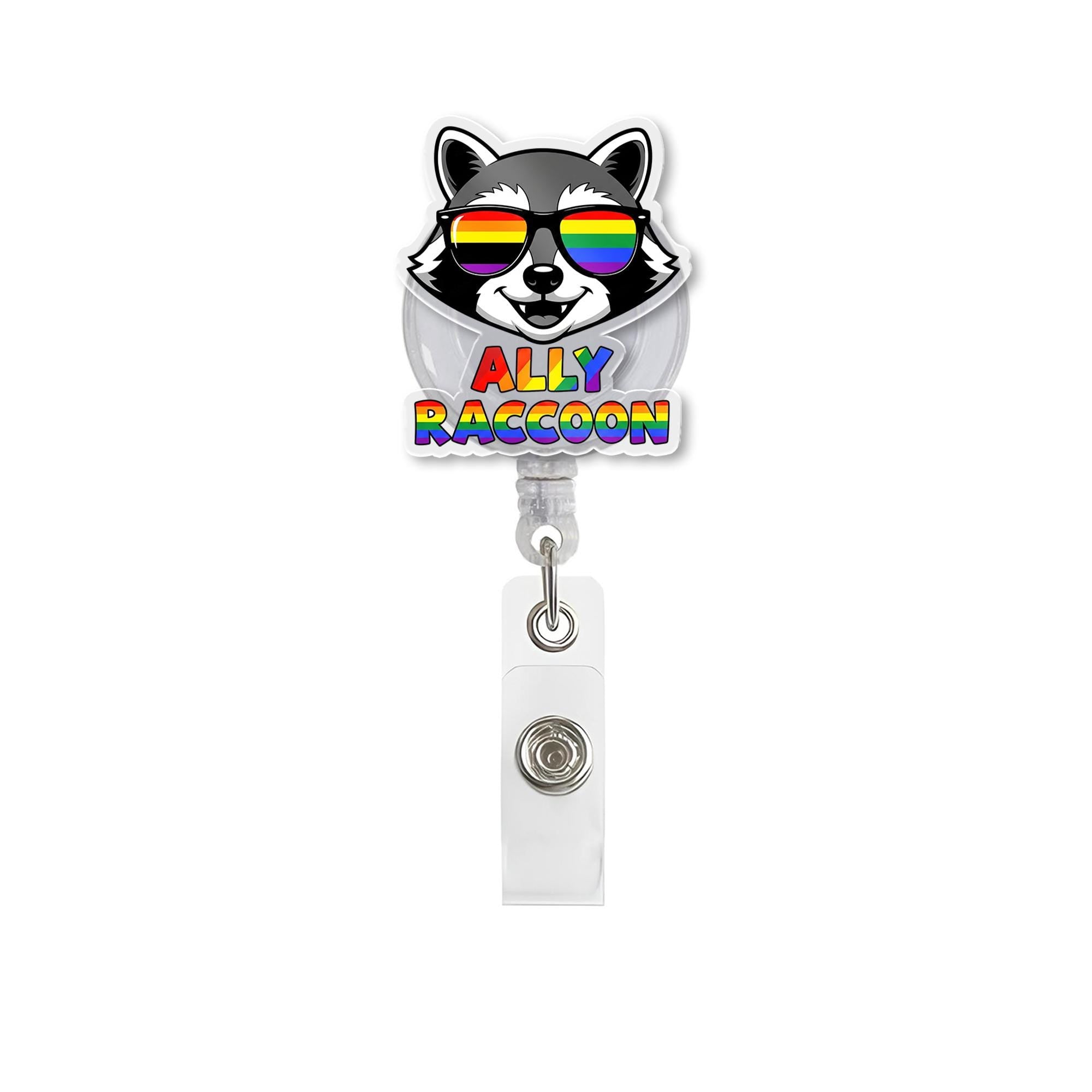 Ally Raccoon Badge Reel | LGBTQ+ Pride ID Holder for Allies | Rainbow Retractable Clip | Cute Animal Badge | Pride Month Gift