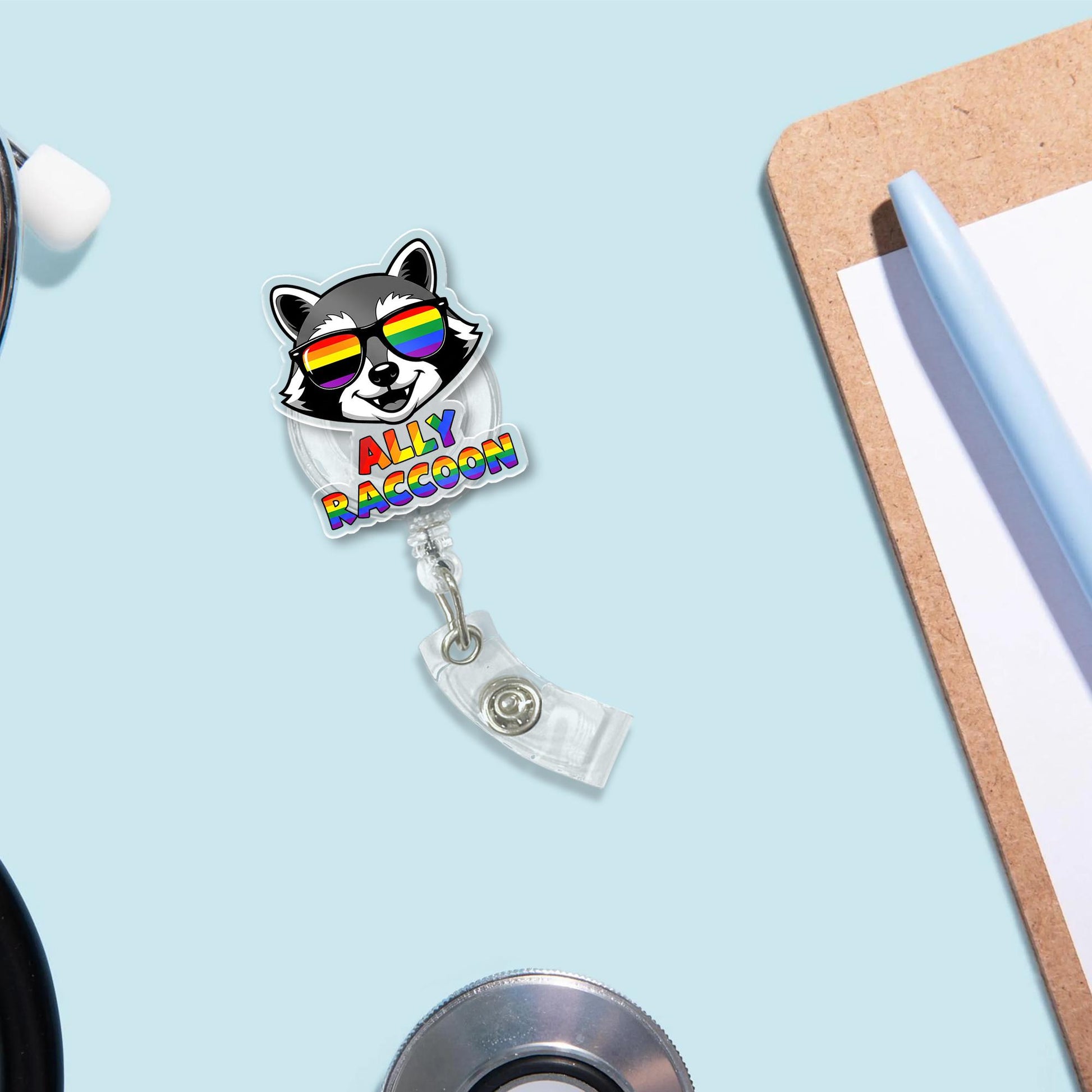 Ally Raccoon Badge Reel | LGBTQ+ Pride ID Holder for Allies | Rainbow Retractable Clip | Cute Animal Badge | Pride Month Gift