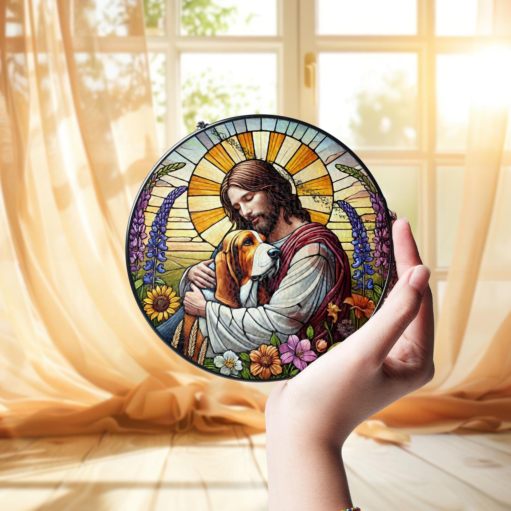 Jesus Holding Basset Hound Glass Suncatcher, Dog Memorial Window Gift, Christian Pet Tribute, Rainbow Bridge Dog Decor