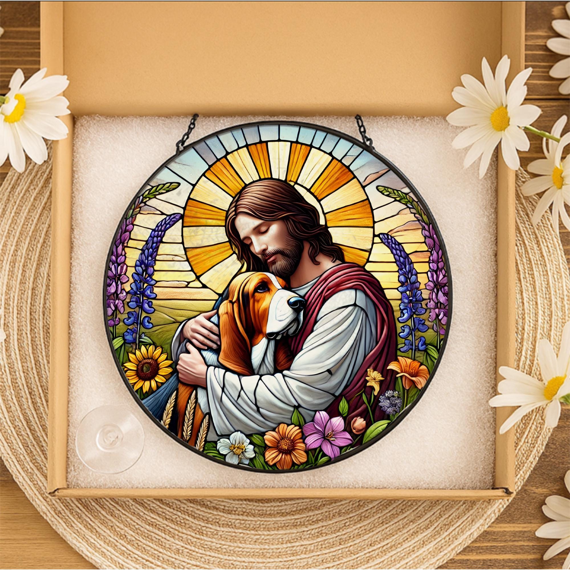 Jesus Holding Basset Hound Glass Suncatcher, Dog Memorial Window Gift, Christian Pet Tribute, Rainbow Bridge Dog Decor