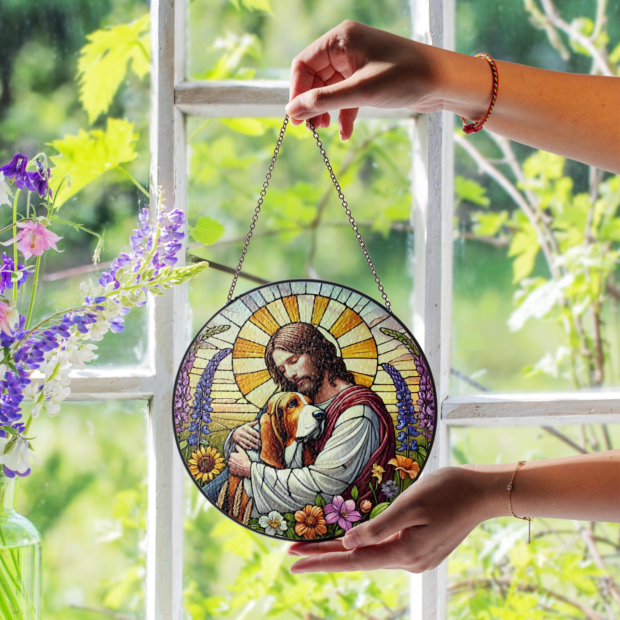 Jesus Holding Basset Hound Glass Suncatcher, Dog Memorial Window Gift, Christian Pet Tribute, Rainbow Bridge Dog Decor