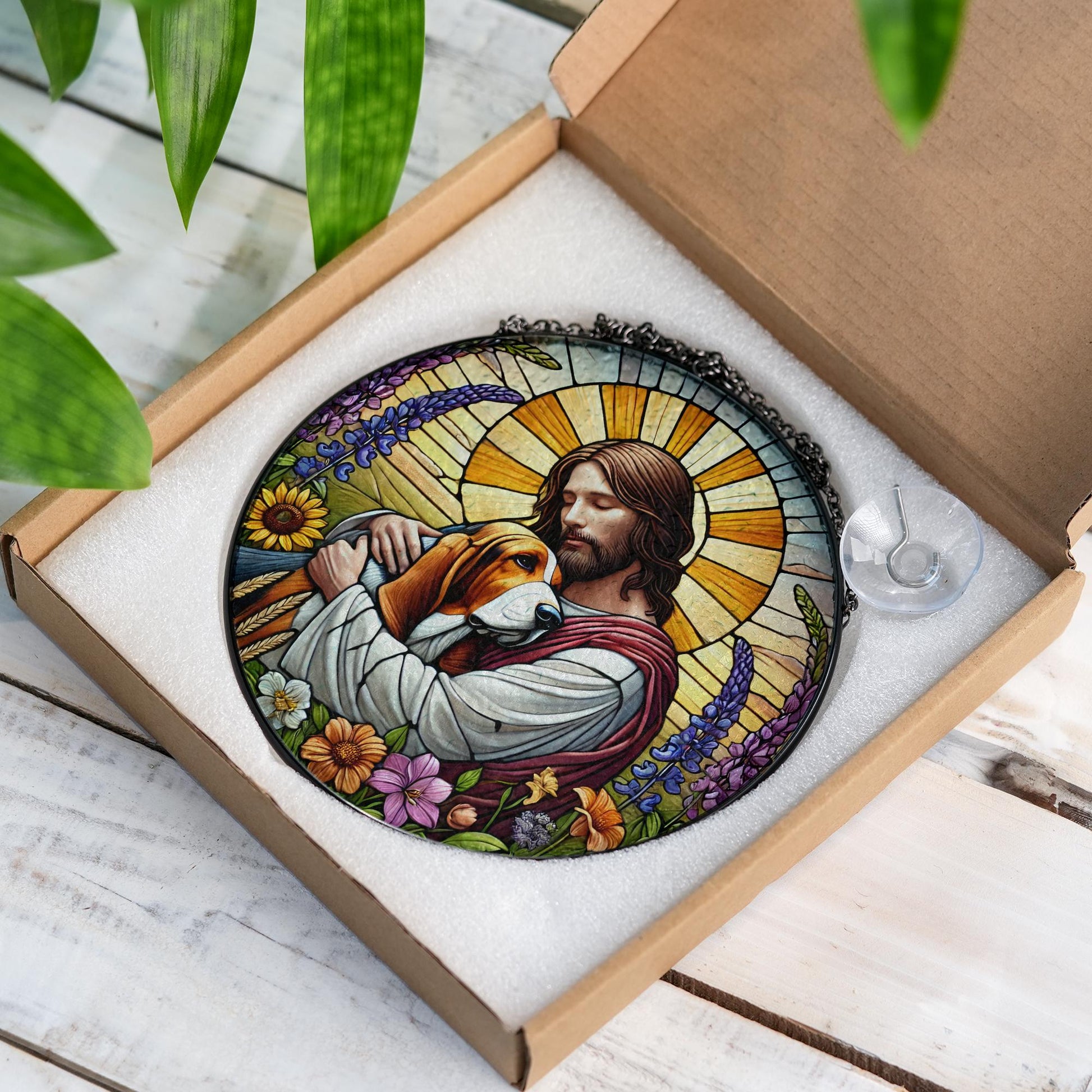 Jesus Holding Basset Hound Glass Suncatcher, Dog Memorial Window Gift, Christian Pet Tribute, Rainbow Bridge Dog Decor