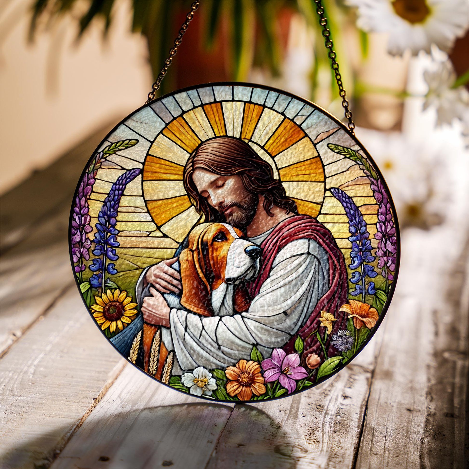 Jesus Holding Basset Hound Glass Suncatcher, Dog Memorial Window Gift, Christian Pet Tribute, Rainbow Bridge Dog Decor
