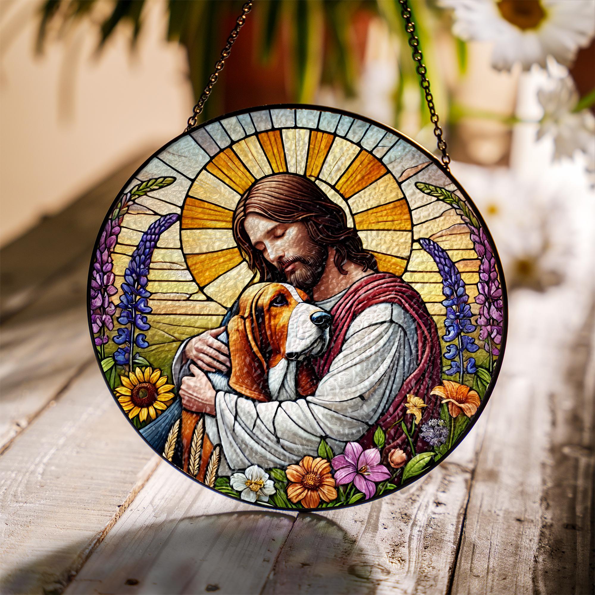 Jesus Holding Basset Hound Glass Suncatcher, Dog Memorial Window Gift, Christian Pet Tribute, Rainbow Bridge Dog Decor