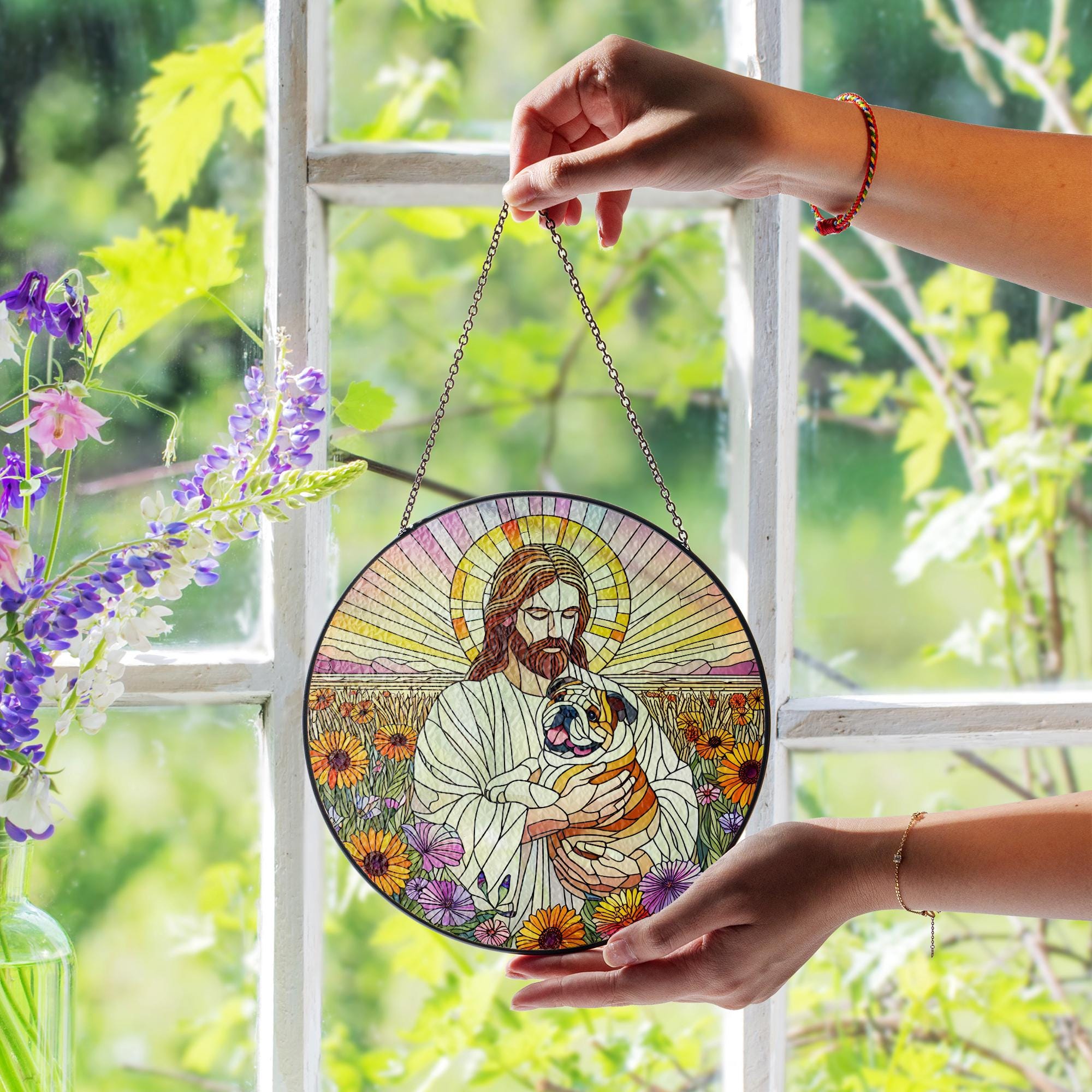 Jesus Holding Bulldog Glass Suncatcher, Dog Memorial Gift, Christian Pet Loss Window Art, Rainbow Bridge Bulldog Decor