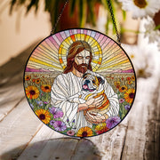 Jesus Holding Bulldog Glass Suncatcher, Dog Memorial Gift, Christian Pet Loss Window Art, Rainbow Bridge Bulldog Decor