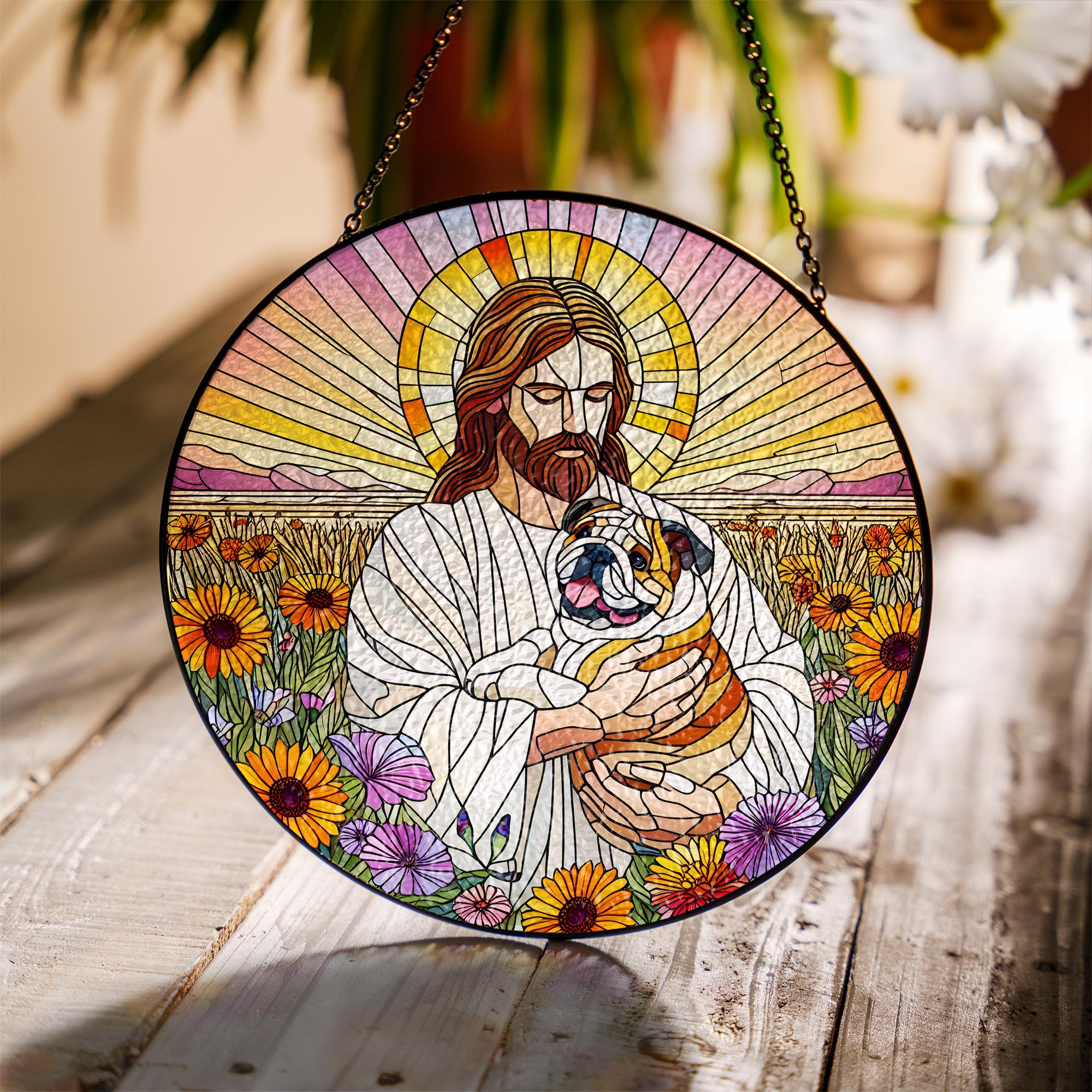 Jesus Holding Bulldog Glass Suncatcher, Dog Memorial Gift, Christian Pet Loss Window Art, Rainbow Bridge Bulldog Decor