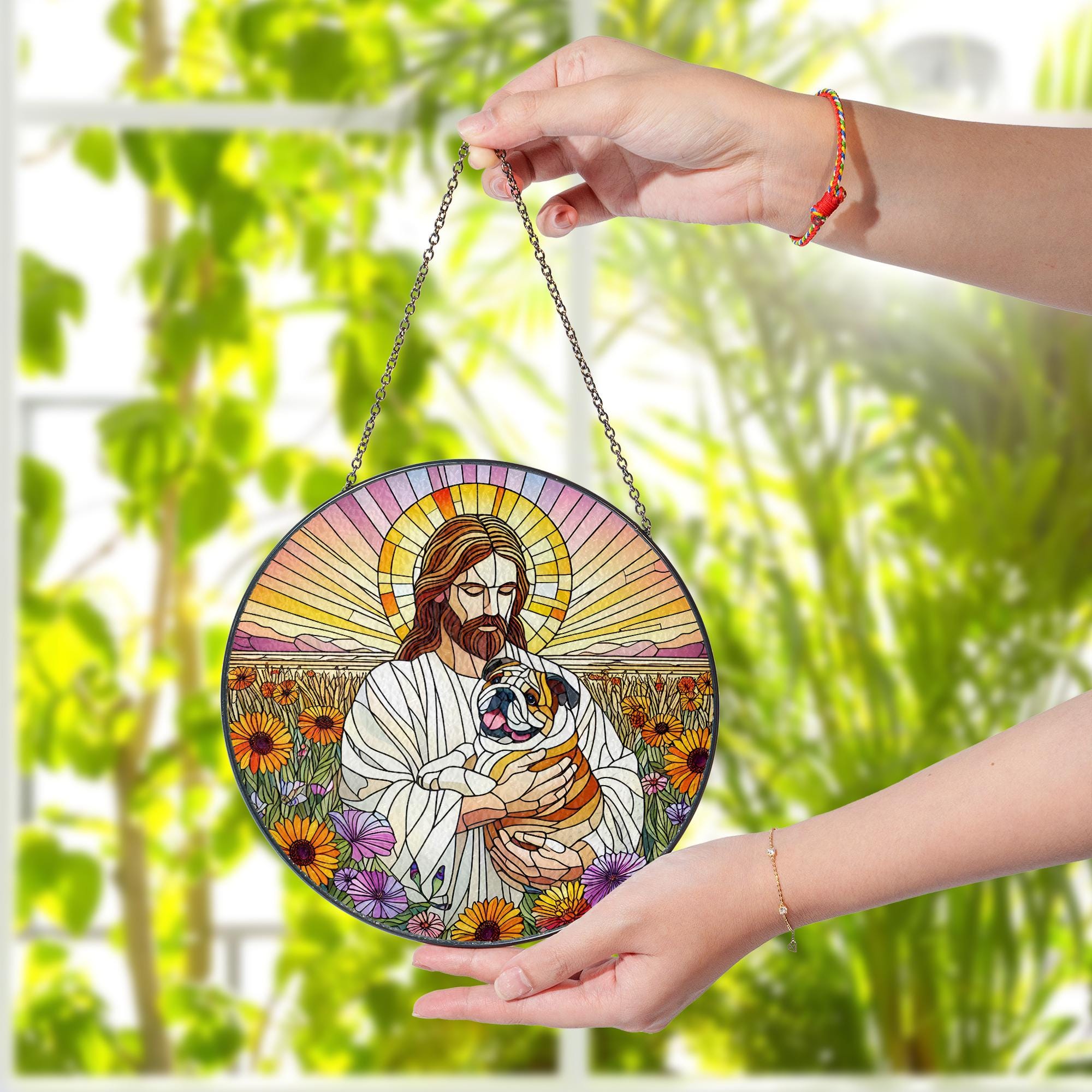 Jesus Holding Bulldog Glass Suncatcher, Dog Memorial Gift, Christian Pet Loss Window Art, Rainbow Bridge Bulldog Decor