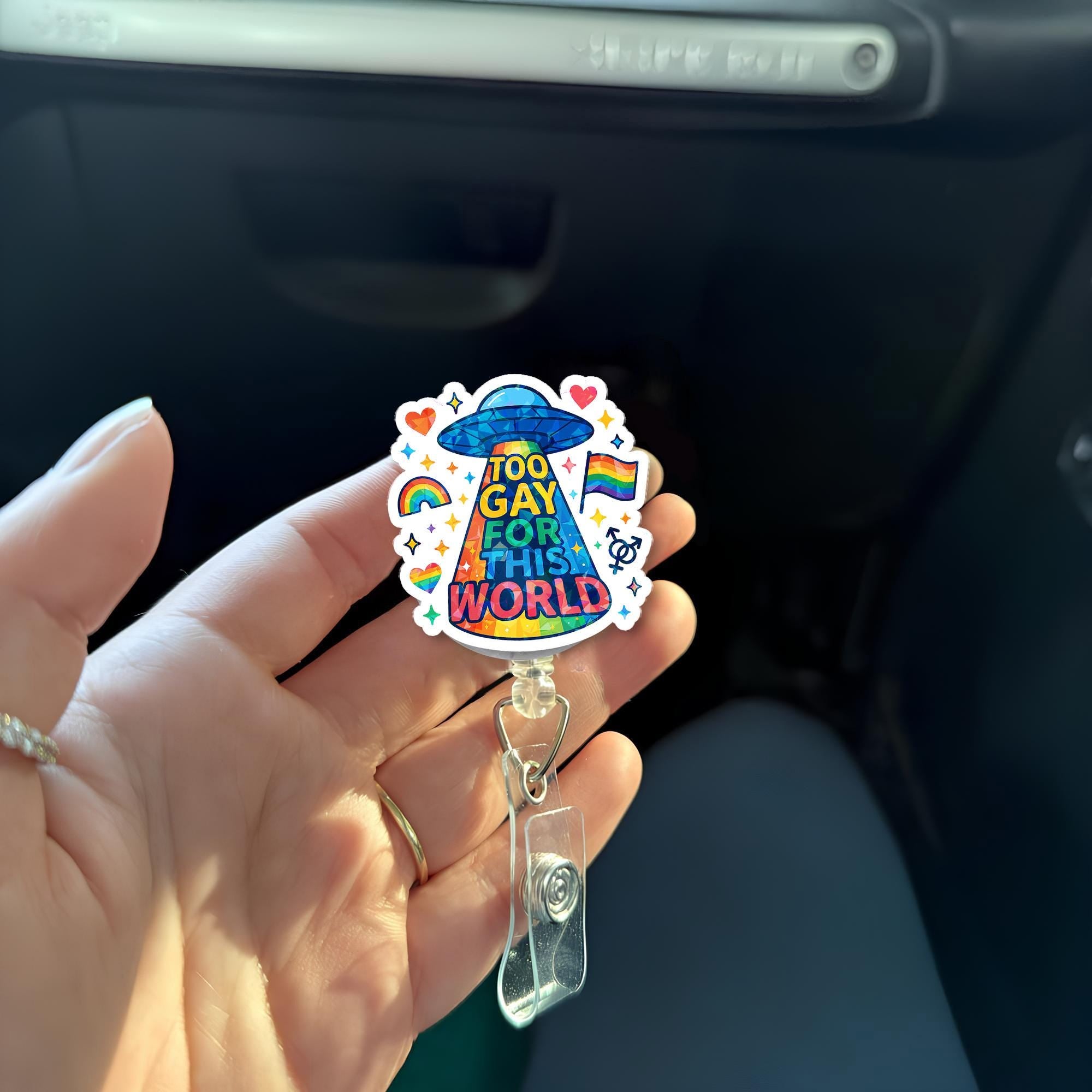 Too Gay for This World Badge Reel | Funny LGBTQ+ Pride ID Holder | Rainbow Alien Clip | Cute Nurse Badge | Pride Month Gift