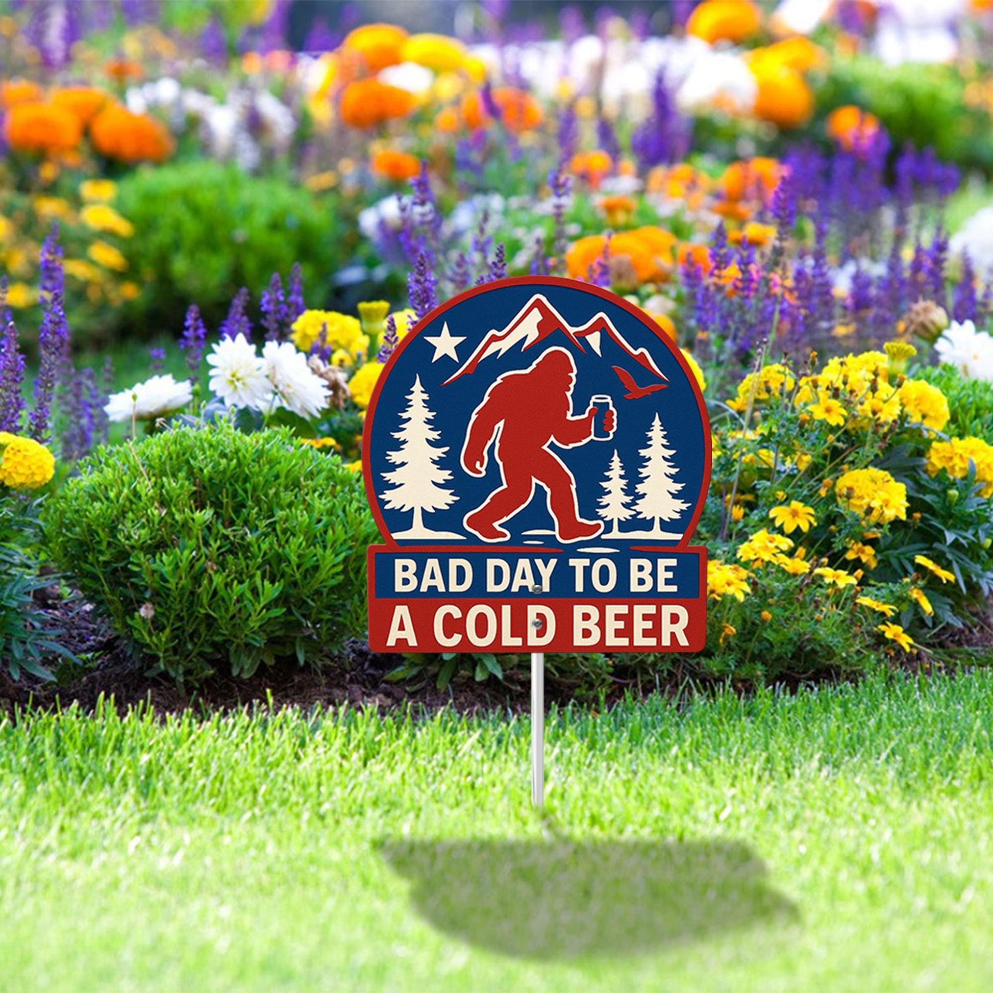 Funny Bigfoot Metal Garden Sign, "Bad Day To Be A Cold Beer" Sasquatch Yard Art, Humorous Outdoor Decor for Patio, Beer Lover Gift Idea