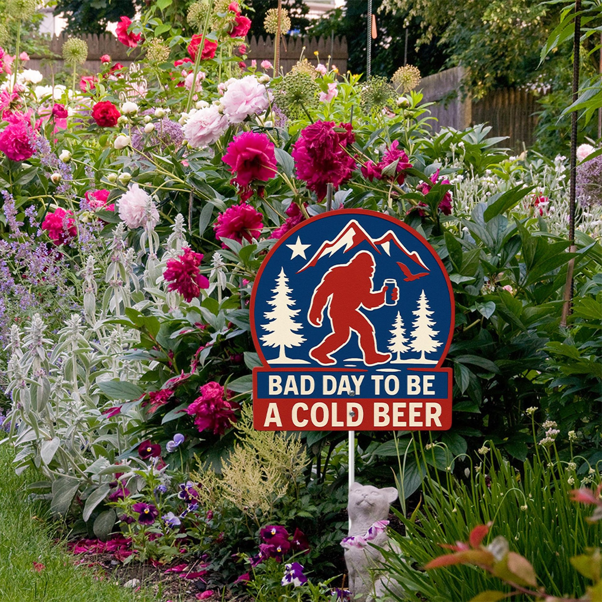 Funny Bigfoot Metal Garden Sign, "Bad Day To Be A Cold Beer" Sasquatch Yard Art, Humorous Outdoor Decor for Patio, Beer Lover Gift Idea