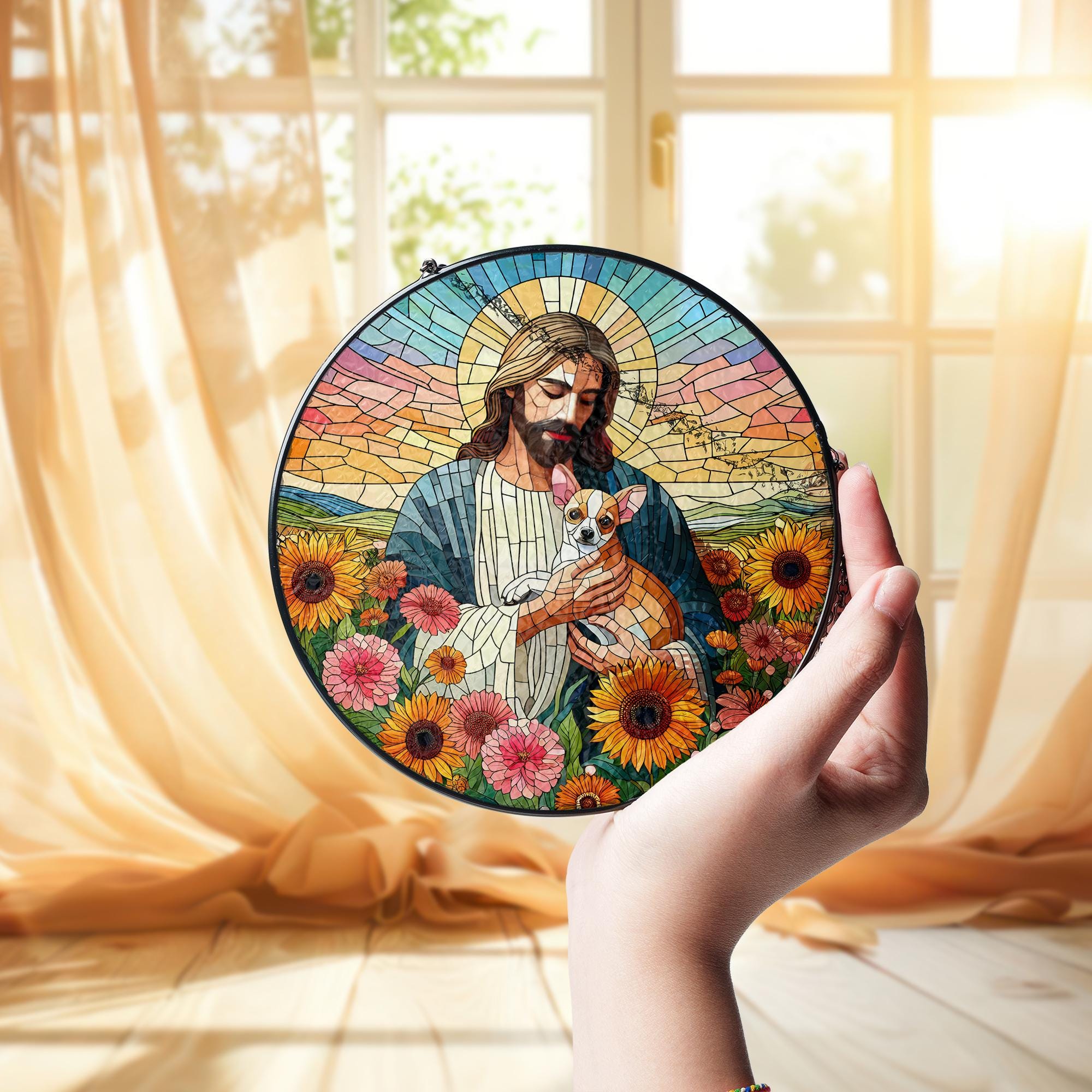 Jesus Holding Chihuahua Glass Suncatcher, Pet Memorial Gift, Christian Dog Lover Window Decor, Rainbow Bridge Keepsake Art