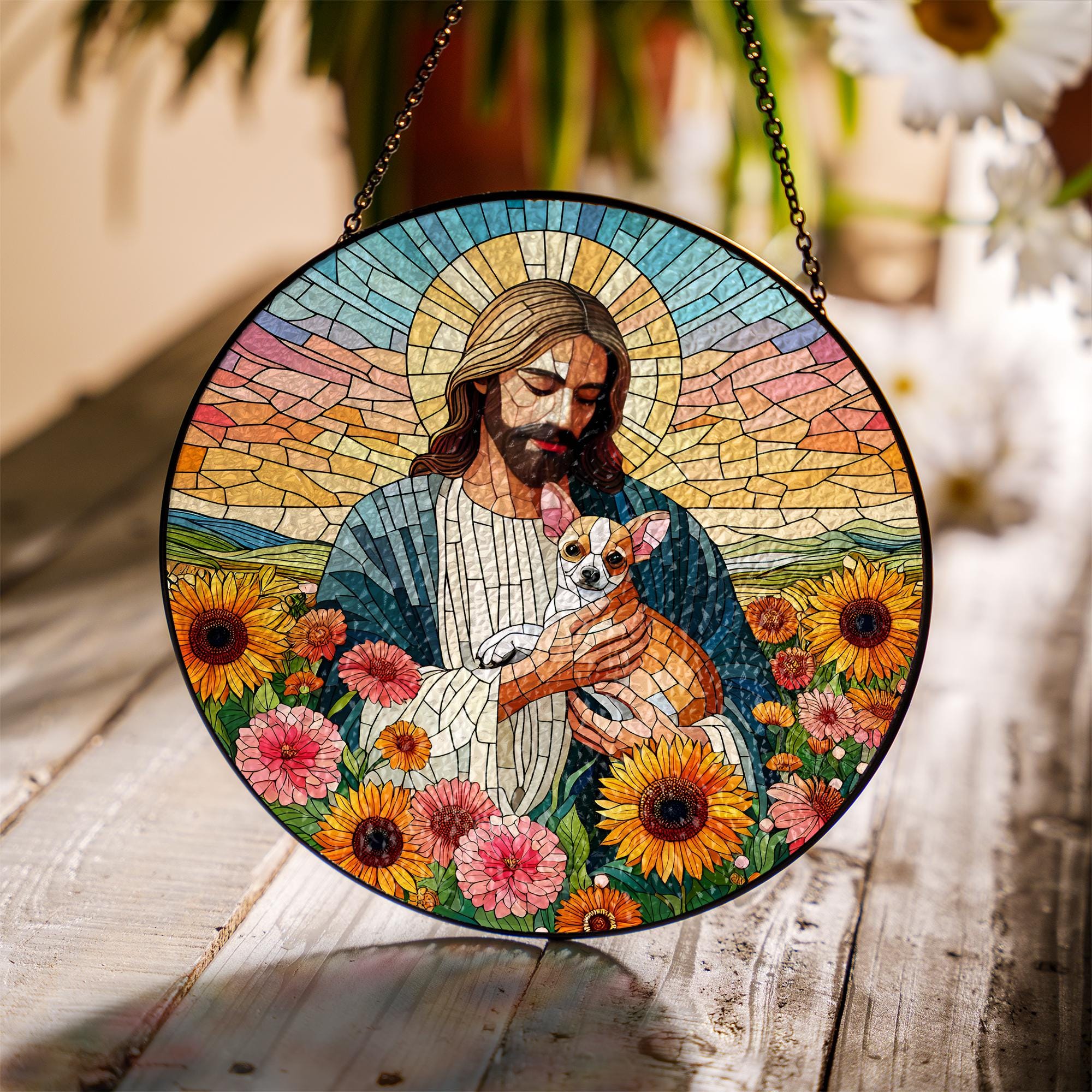 Jesus Holding Chihuahua Glass Suncatcher, Pet Memorial Gift, Christian Dog Lover Window Decor, Rainbow Bridge Keepsake Art