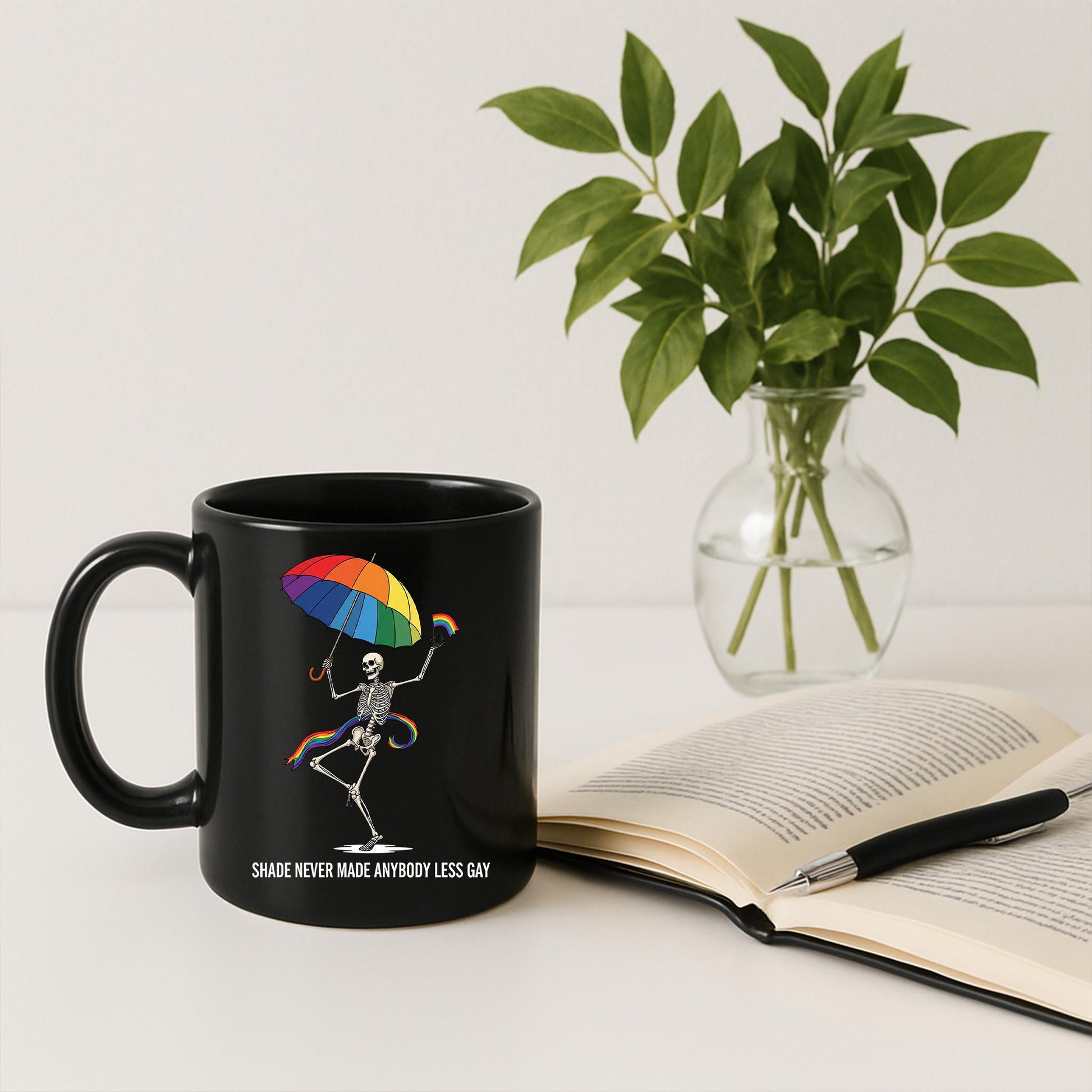 Shade Never Made Anybody Less Gay Mug | Funny Pride Skeleton Coffee Cup | LGBTQ+ Rainbow Quote Gift | Gay Pride Month Drinkware