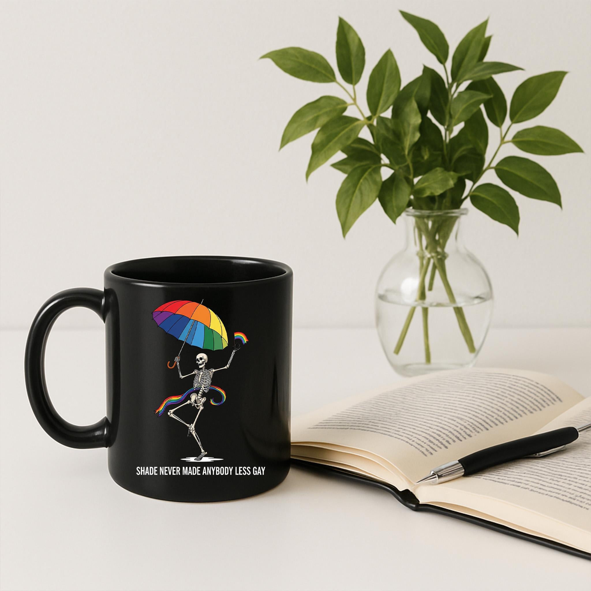 Shade Never Made Anybody Less Gay Mug | Funny Pride Skeleton Coffee Cup | LGBTQ+ Rainbow Quote Gift | Gay Pride Month Drinkware