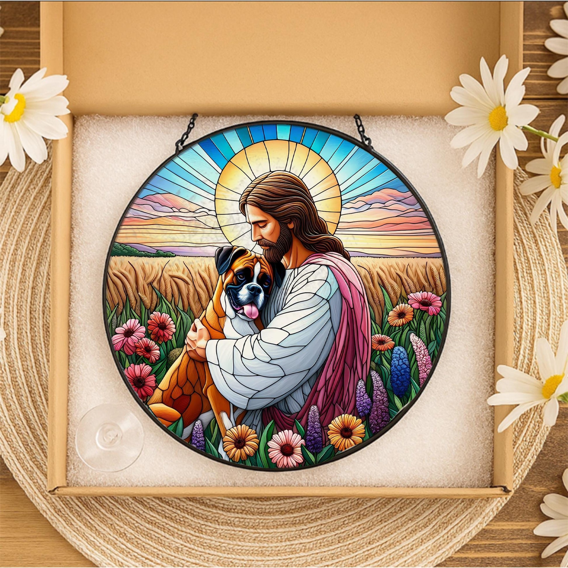 Jesus Holding Boxer Dog Glass Suncatcher, Pet Memorial Gift, Christian Dog Lover Window Art, Rainbow Bridge Keepsake Decor