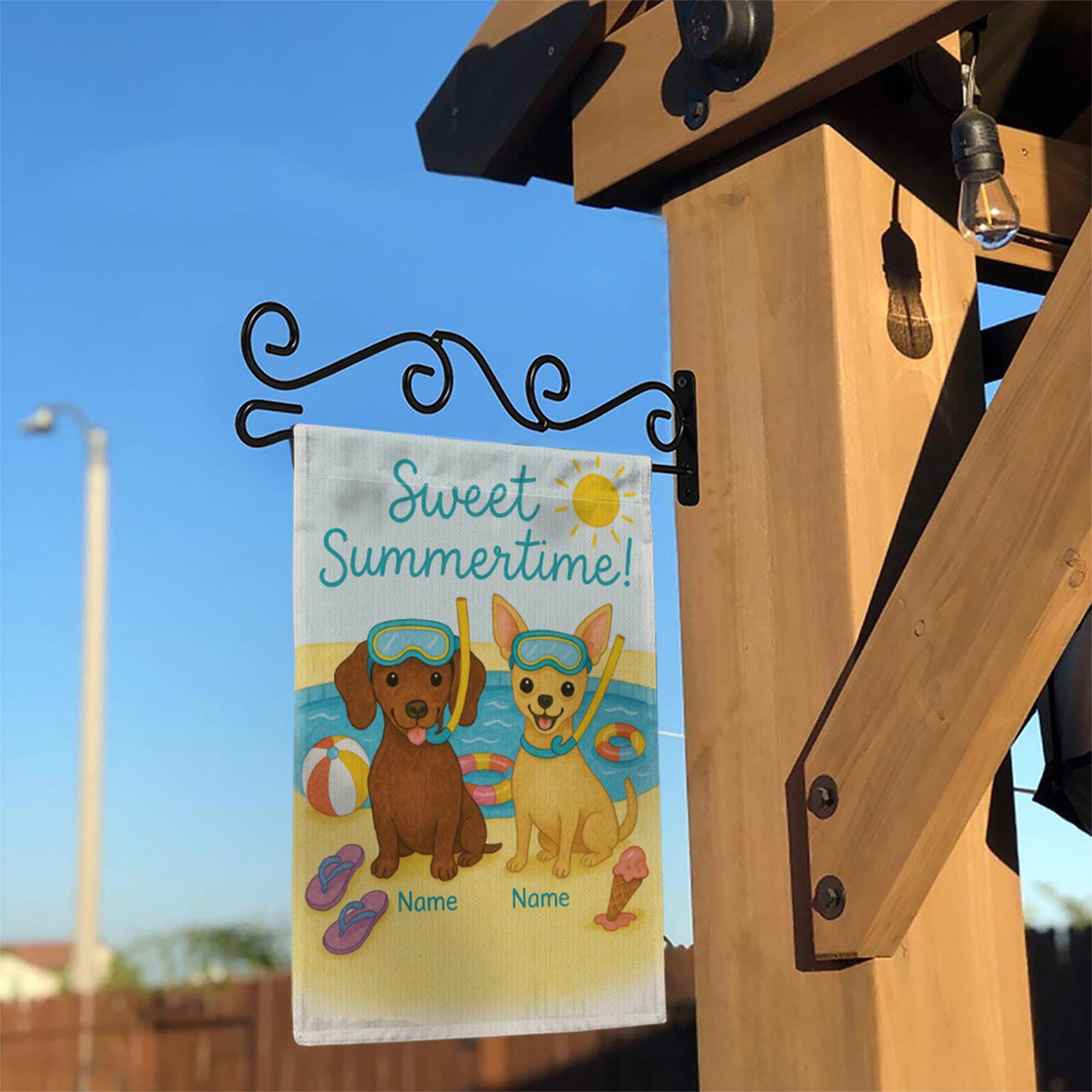 Custom Dog Breed Summer Garden Flag, Sweet Summertime Personalized Yard Decor, Pool Party Dog Flag with Pet Names, Outdoor Gift