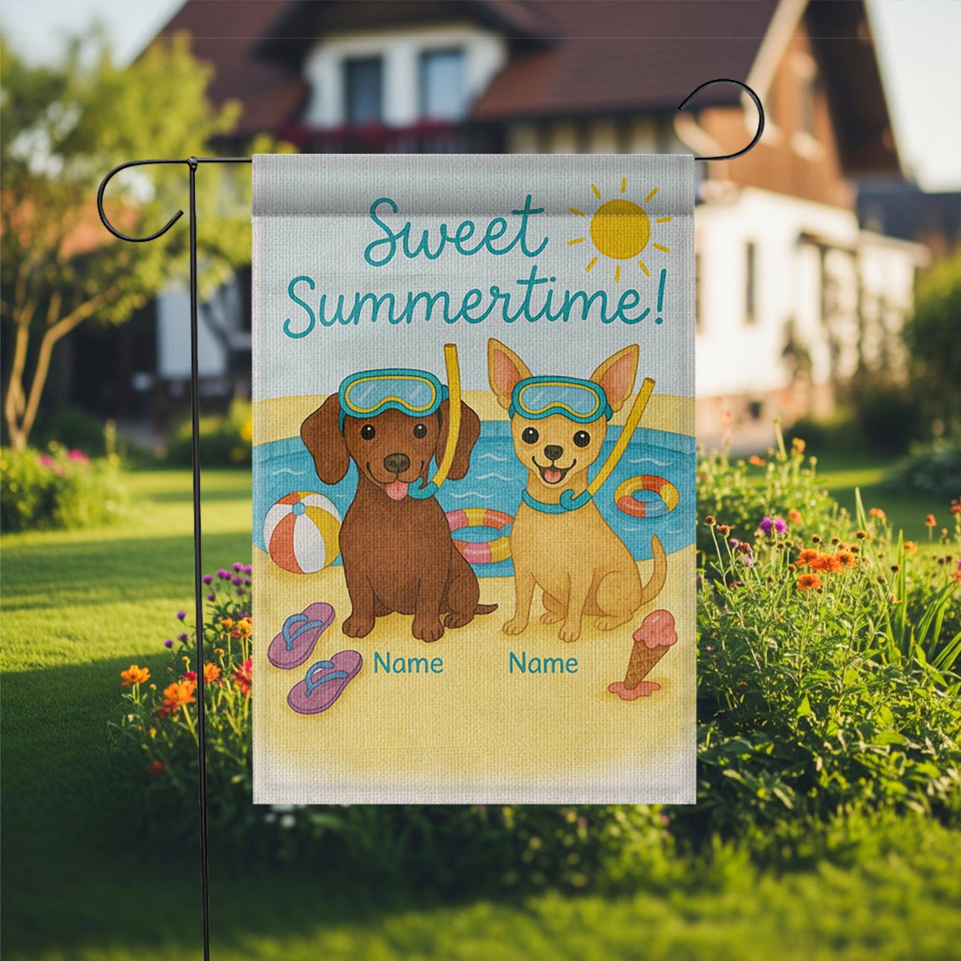 Custom Dog Breed Summer Garden Flag, Sweet Summertime Personalized Yard Decor, Pool Party Dog Flag with Pet Names, Outdoor Gift