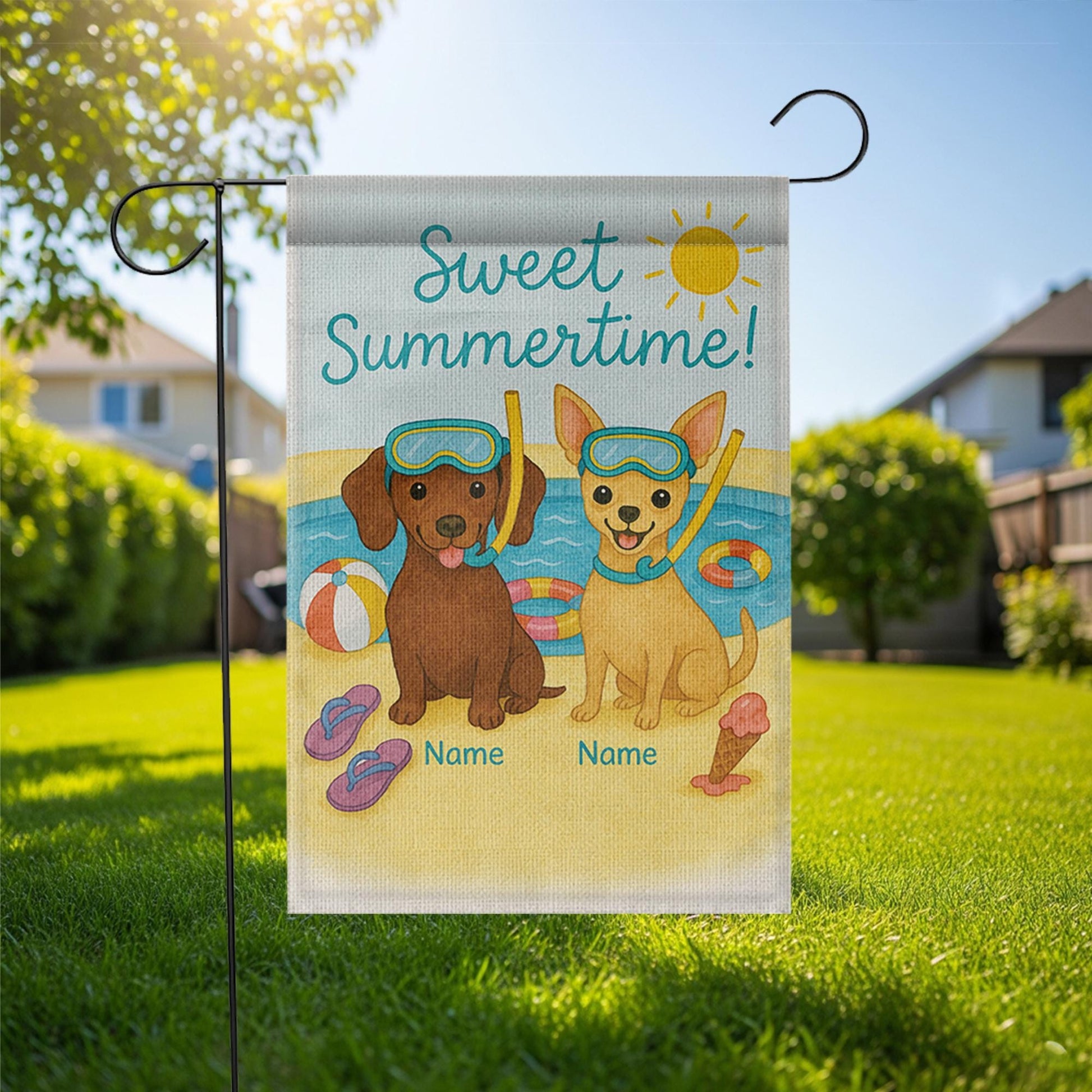 Custom Dog Breed Summer Garden Flag, Sweet Summertime Personalized Yard Decor, Pool Party Dog Flag with Pet Names, Outdoor Gift