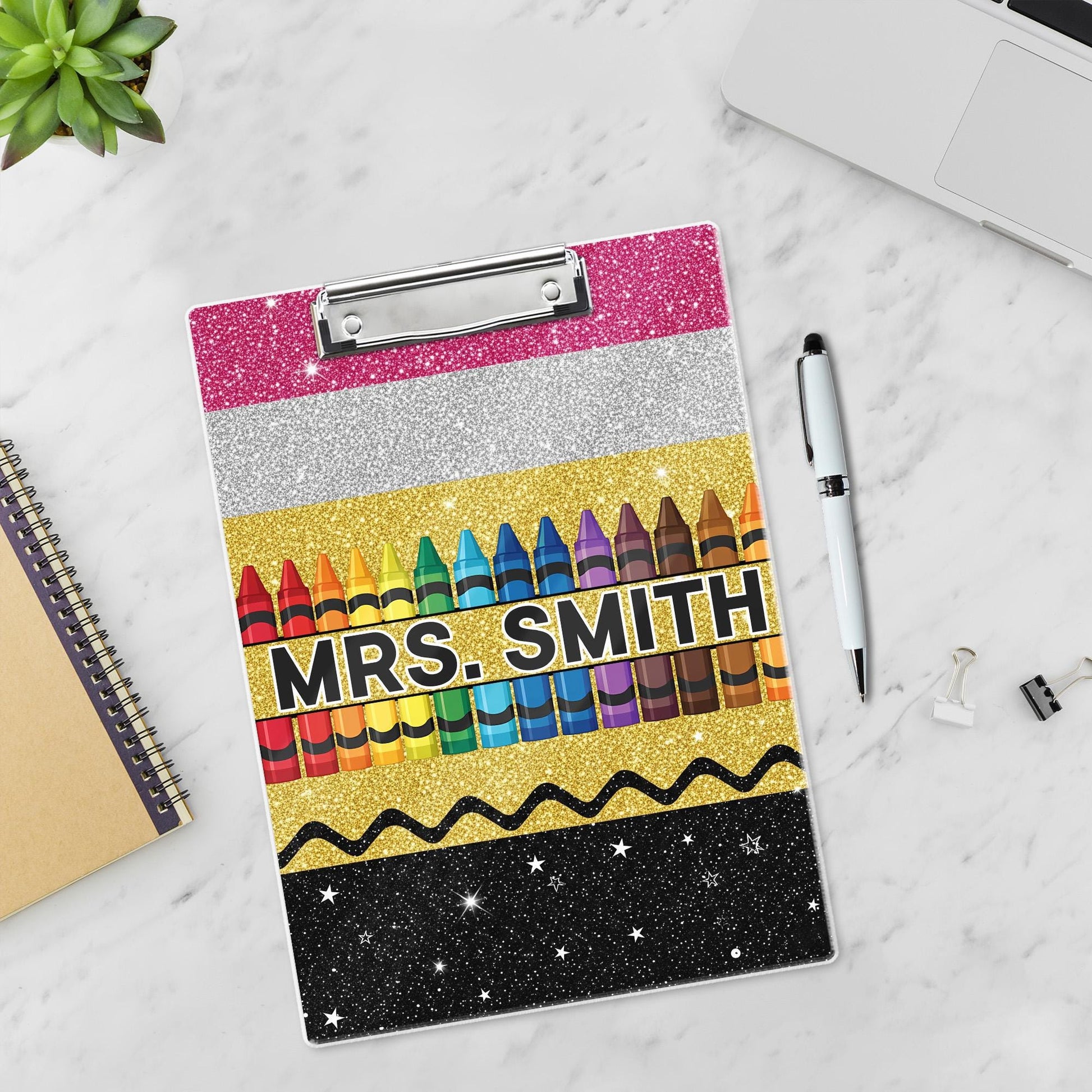 Personalized Teacher Appreciation Gift, Custom Glitter Crayon Teacher Clipboard, End Of Year Gift, Back To School, Teacher School Supplies