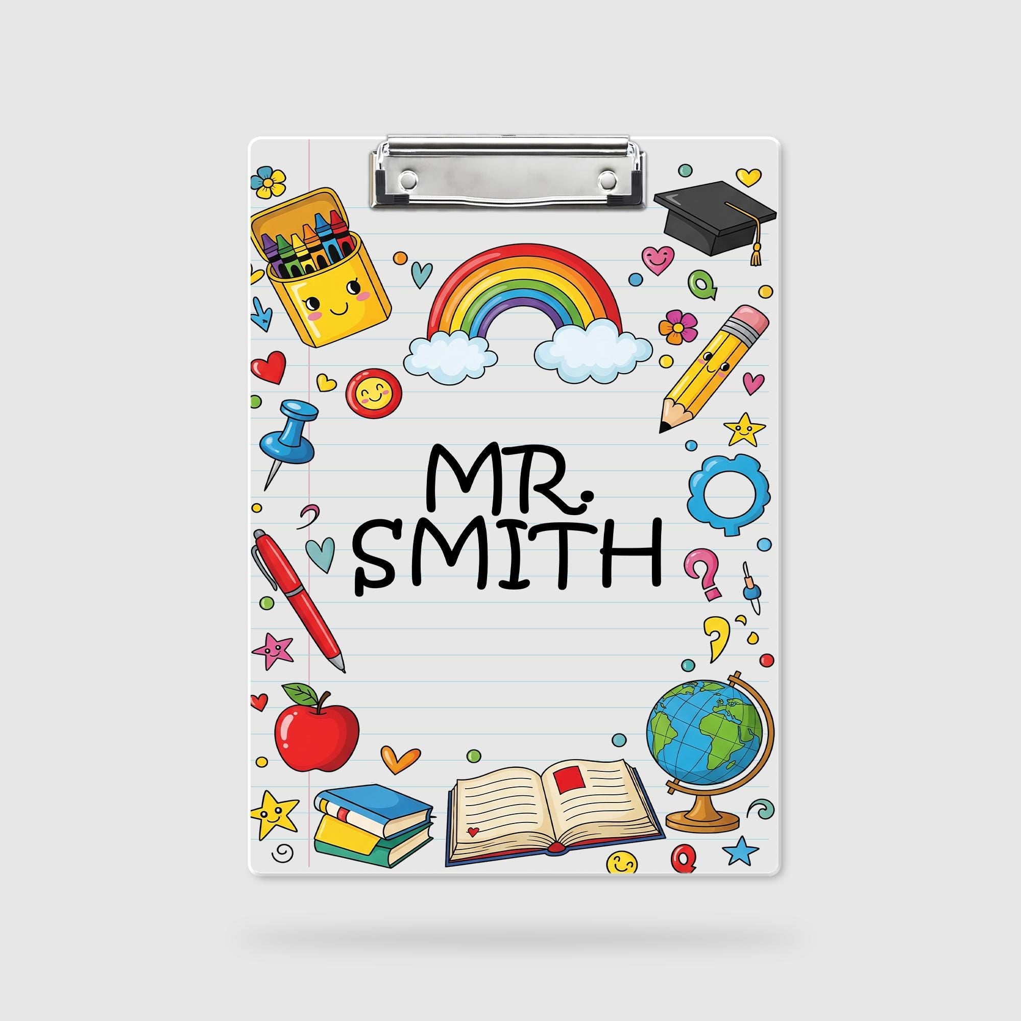 Personalized Teacher Clipboard with Rainbow and School Supplies – Custom Name Gift for Classroom, Educator Appreciation, Cute Desk Decor