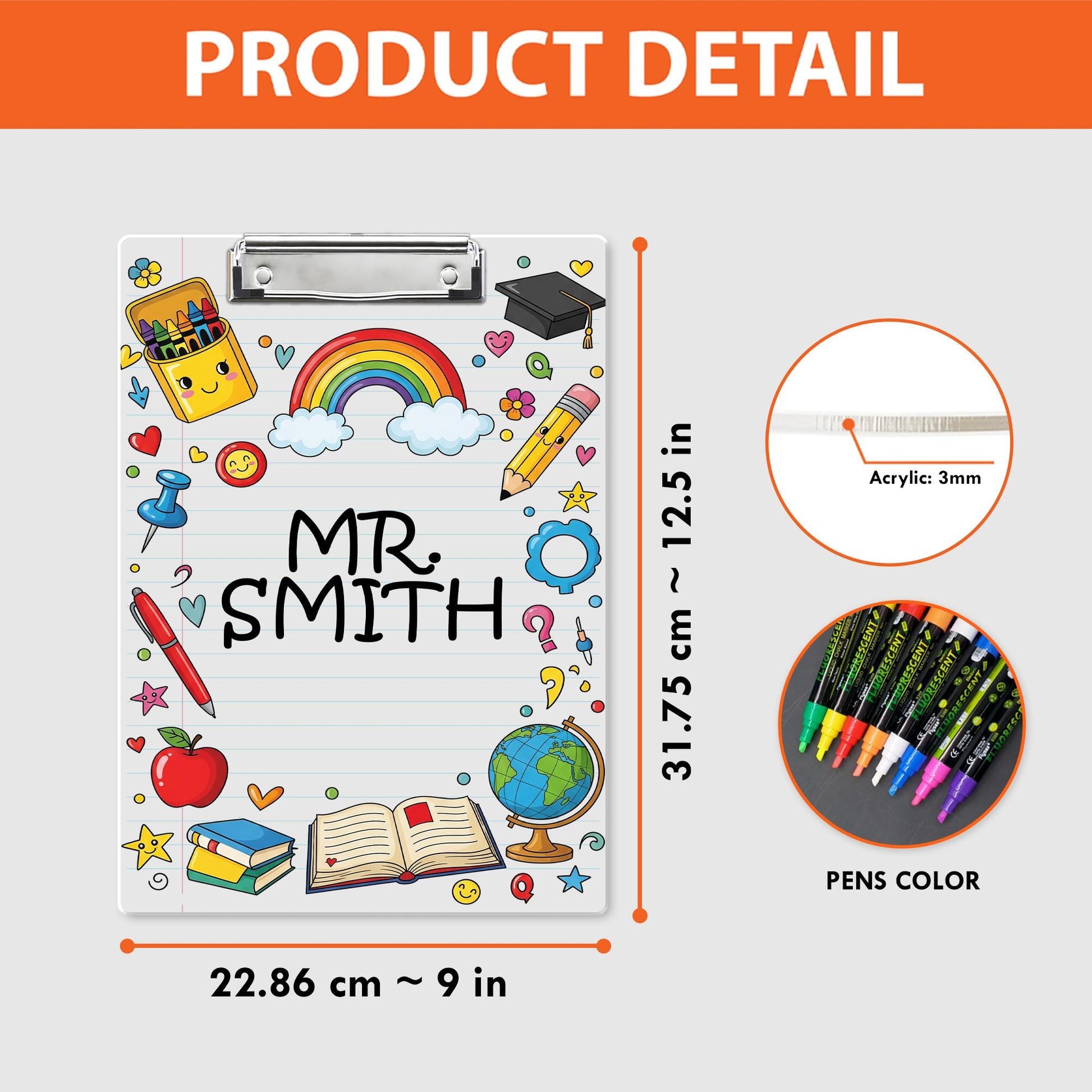 Personalized Teacher Clipboard with Rainbow and School Supplies – Custom Name Gift for Classroom, Educator Appreciation, Cute Desk Decor
