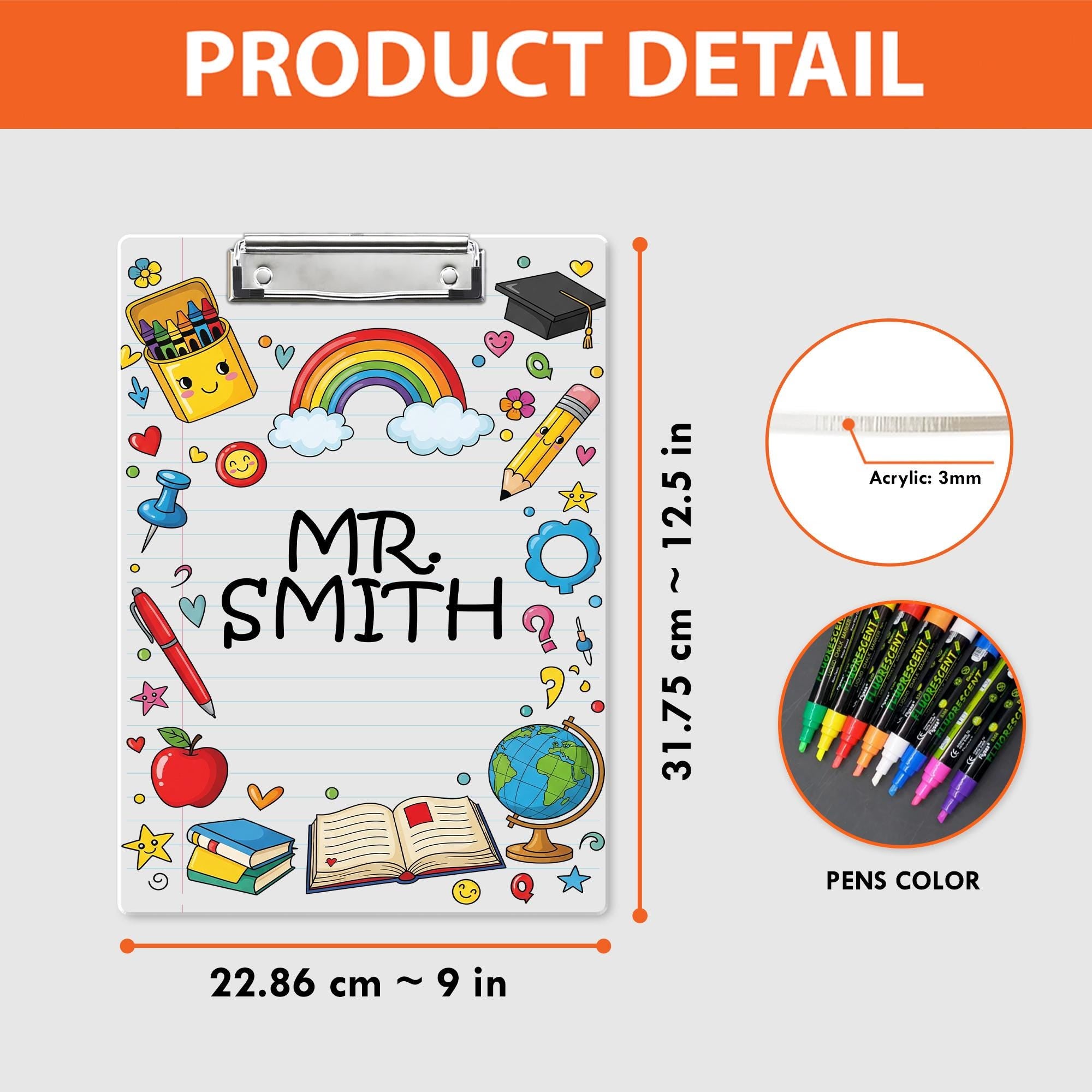 Personalized Teacher Clipboard with Rainbow and School Supplies – Custom Name Gift for Classroom, Educator Appreciation, Cute Desk Decor