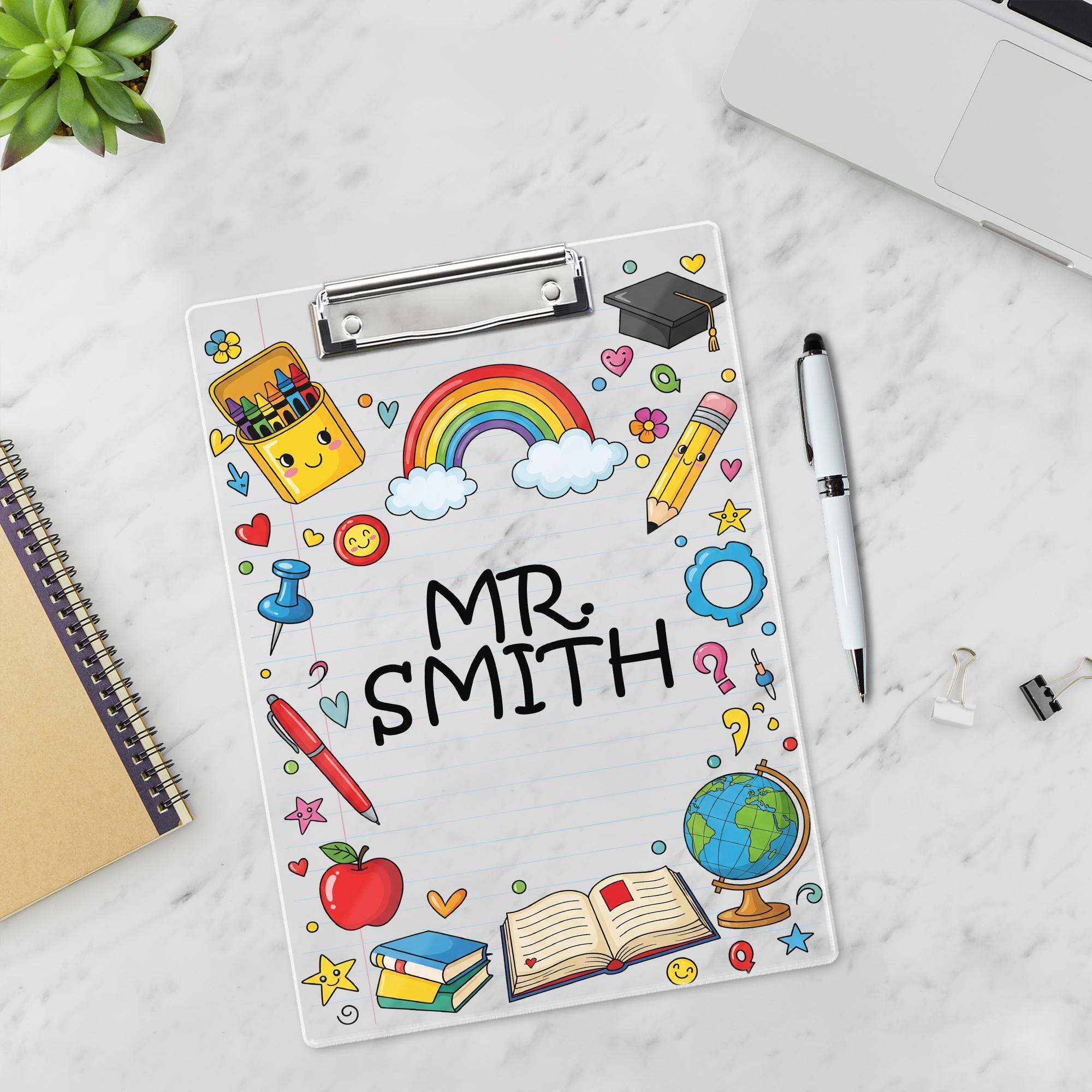 Personalized Teacher Clipboard with Rainbow and School Supplies – Custom Name Gift for Classroom, Educator Appreciation, Cute Desk Decor