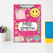 Personalized Teacher Clipboard with Pink Camo and Smiley Faces – Custom Name Cute Classroom Gift, Retro Back to School Office Decor