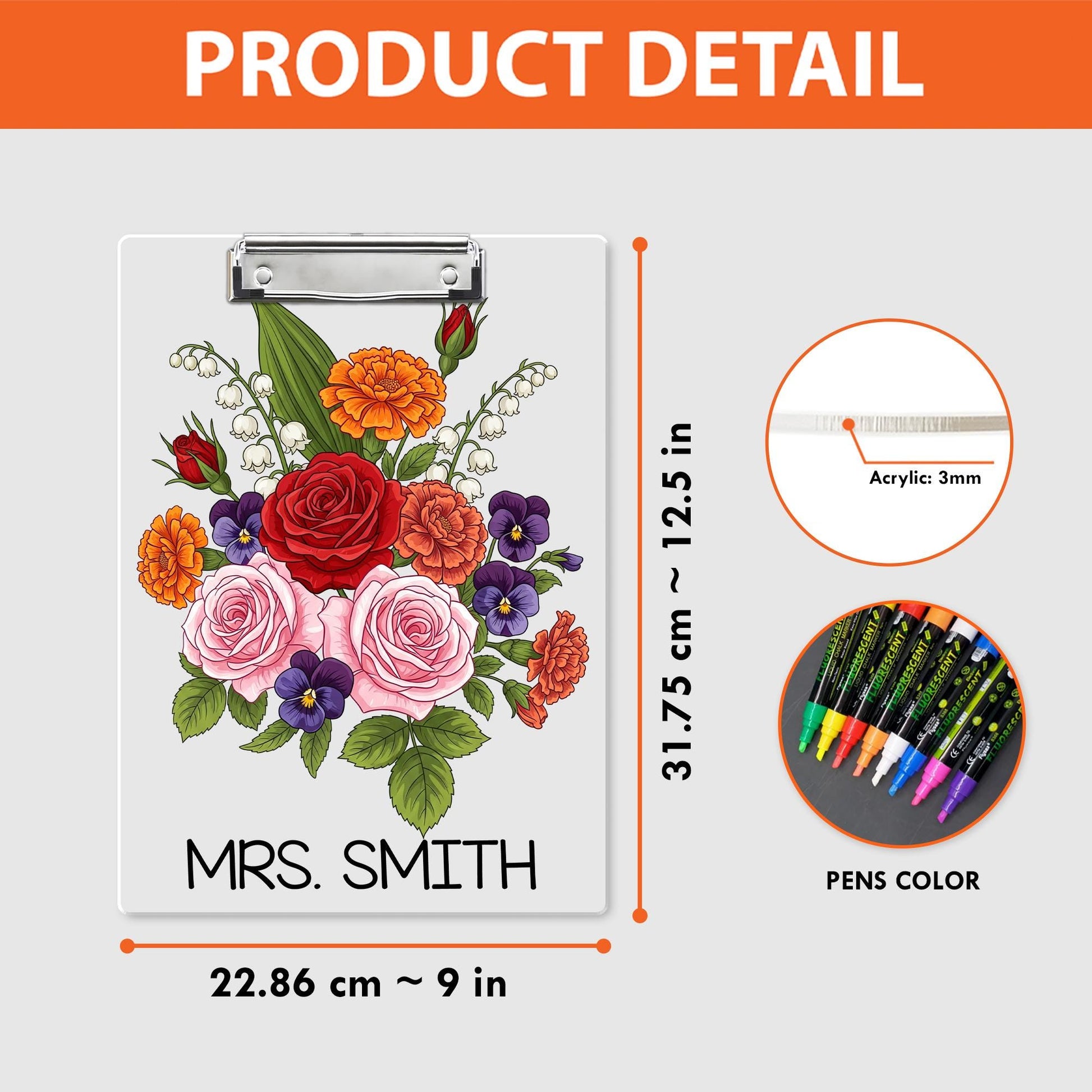Personalized Floral Teacher Clipboard, Elegant Custom Name Gift with Rose Bouquet Design, Perfect for Educators or Office Decor