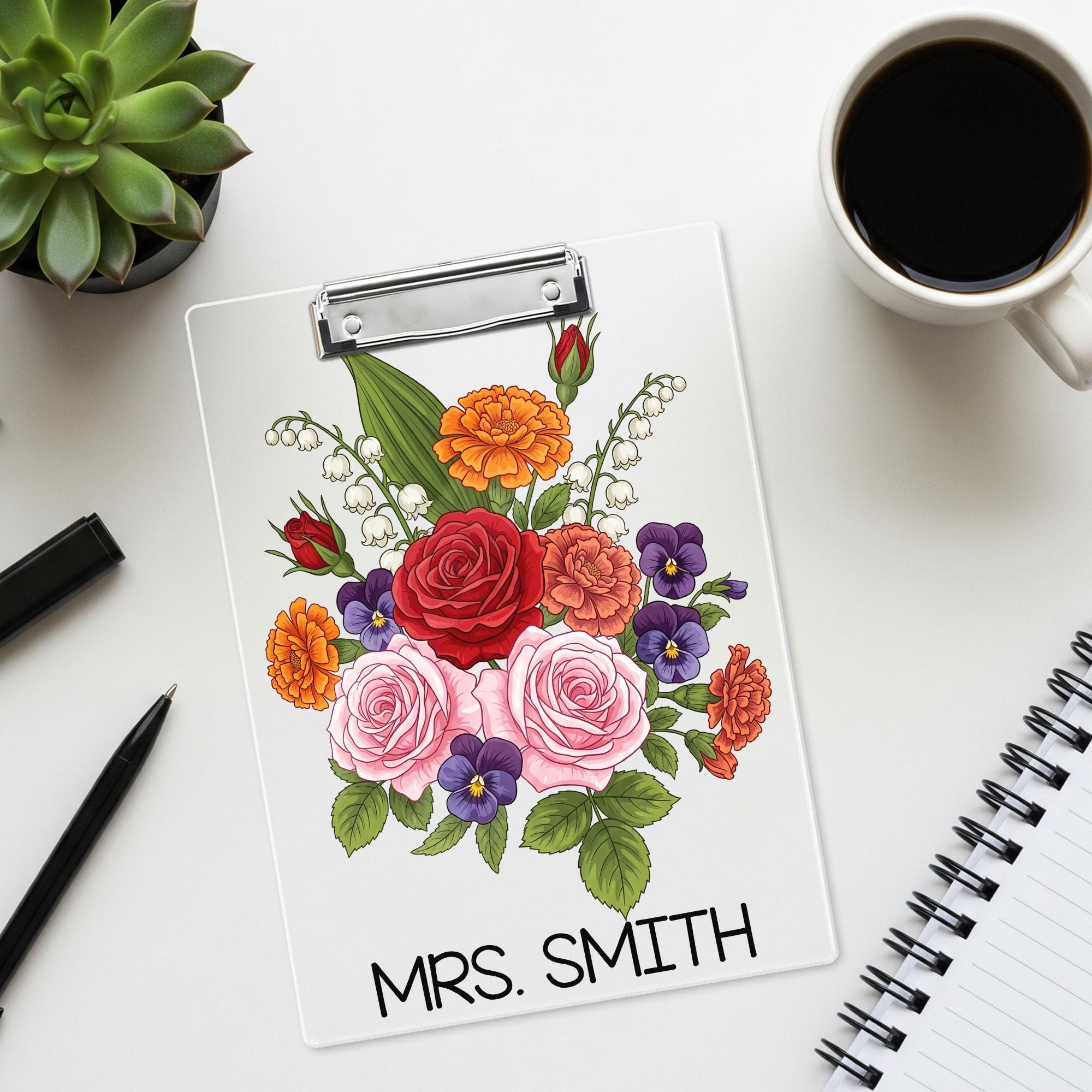 Personalized Floral Teacher Clipboard, Elegant Custom Name Gift with Rose Bouquet Design, Perfect for Educators or Office Decor
