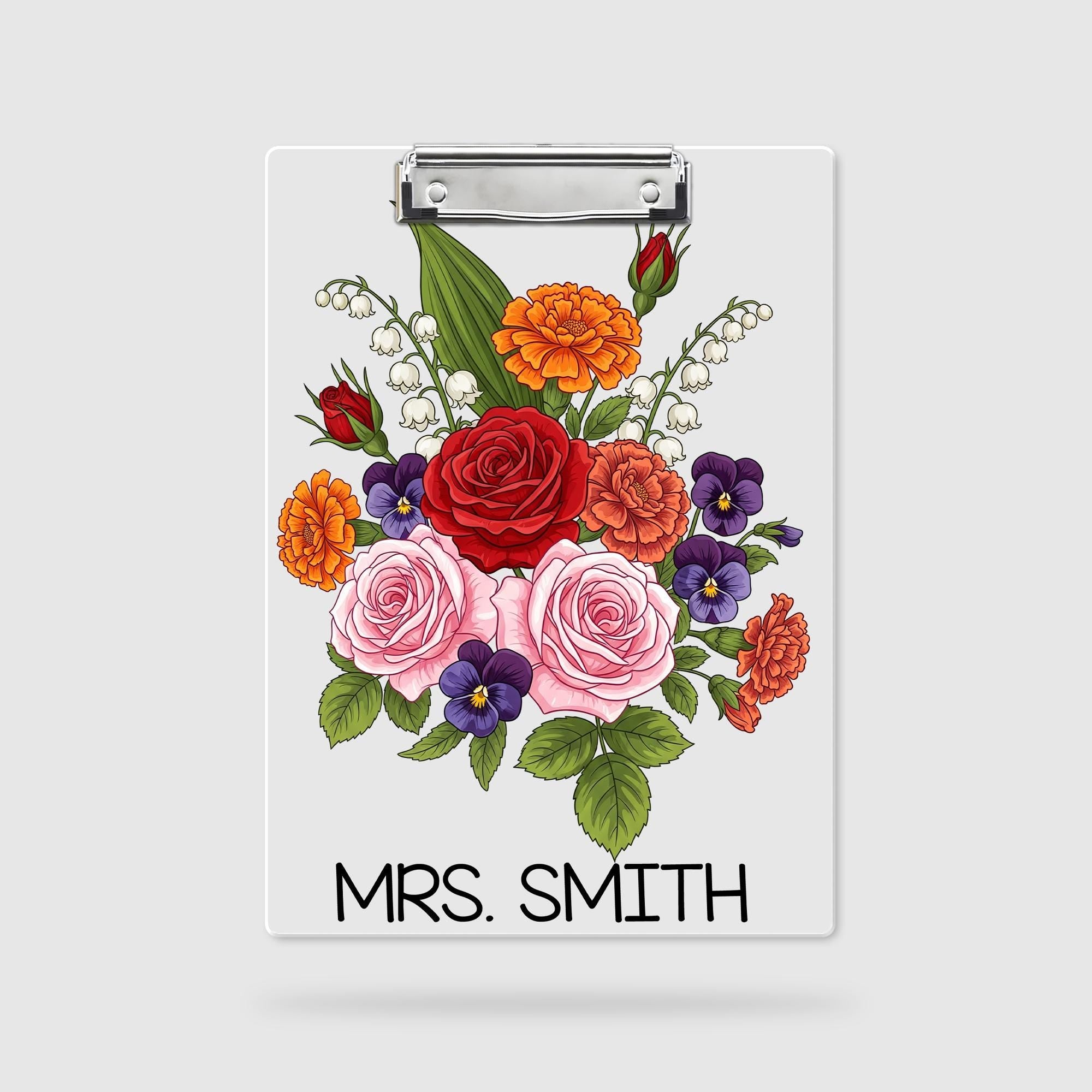 Personalized Floral Teacher Clipboard, Elegant Custom Name Gift with Rose Bouquet Design, Perfect for Educators or Office Decor