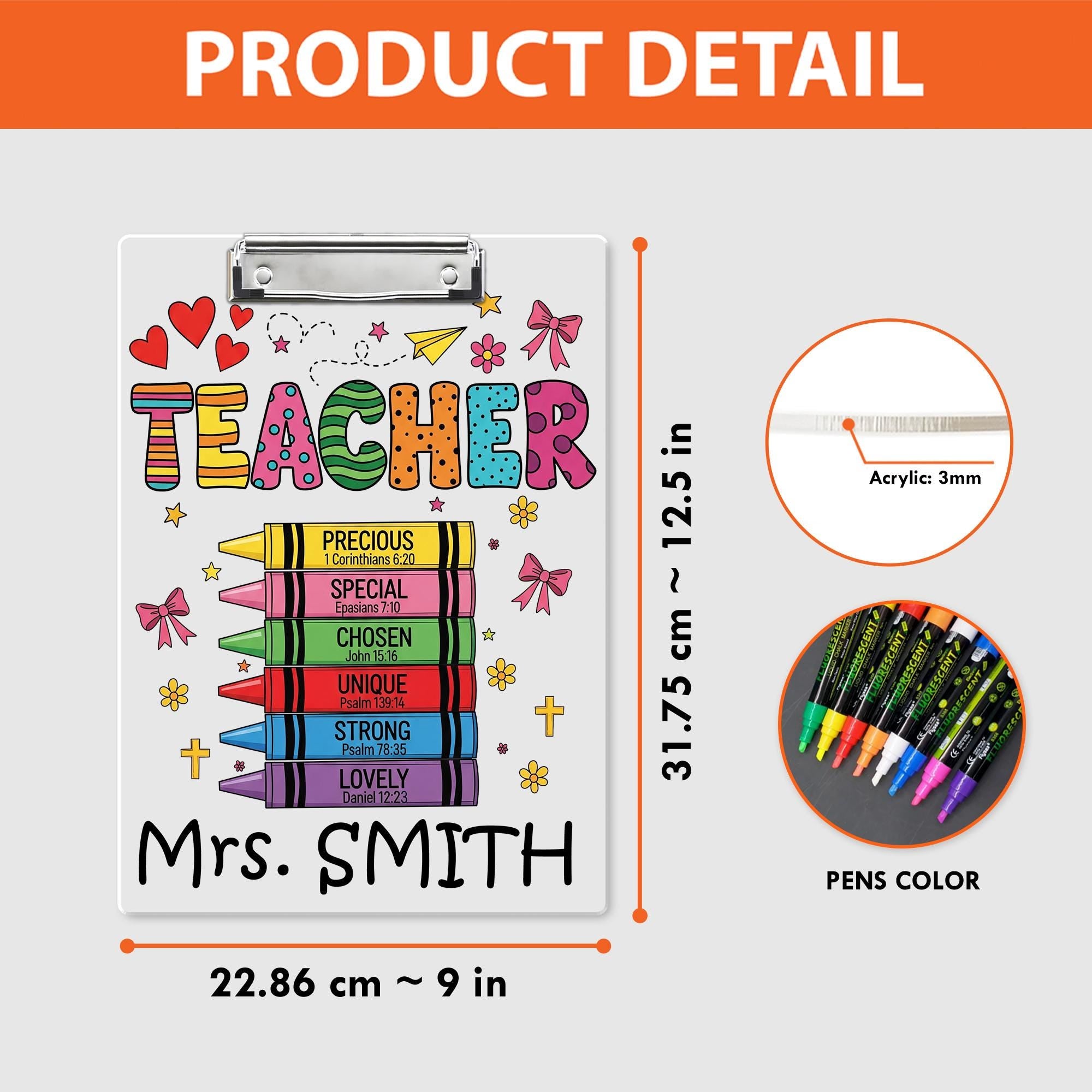 Personalized Christian Teacher Clipboard – Colorful Crayon Bible Verse Design, Custom Name Gift for Faith-Based Classroom or Church School