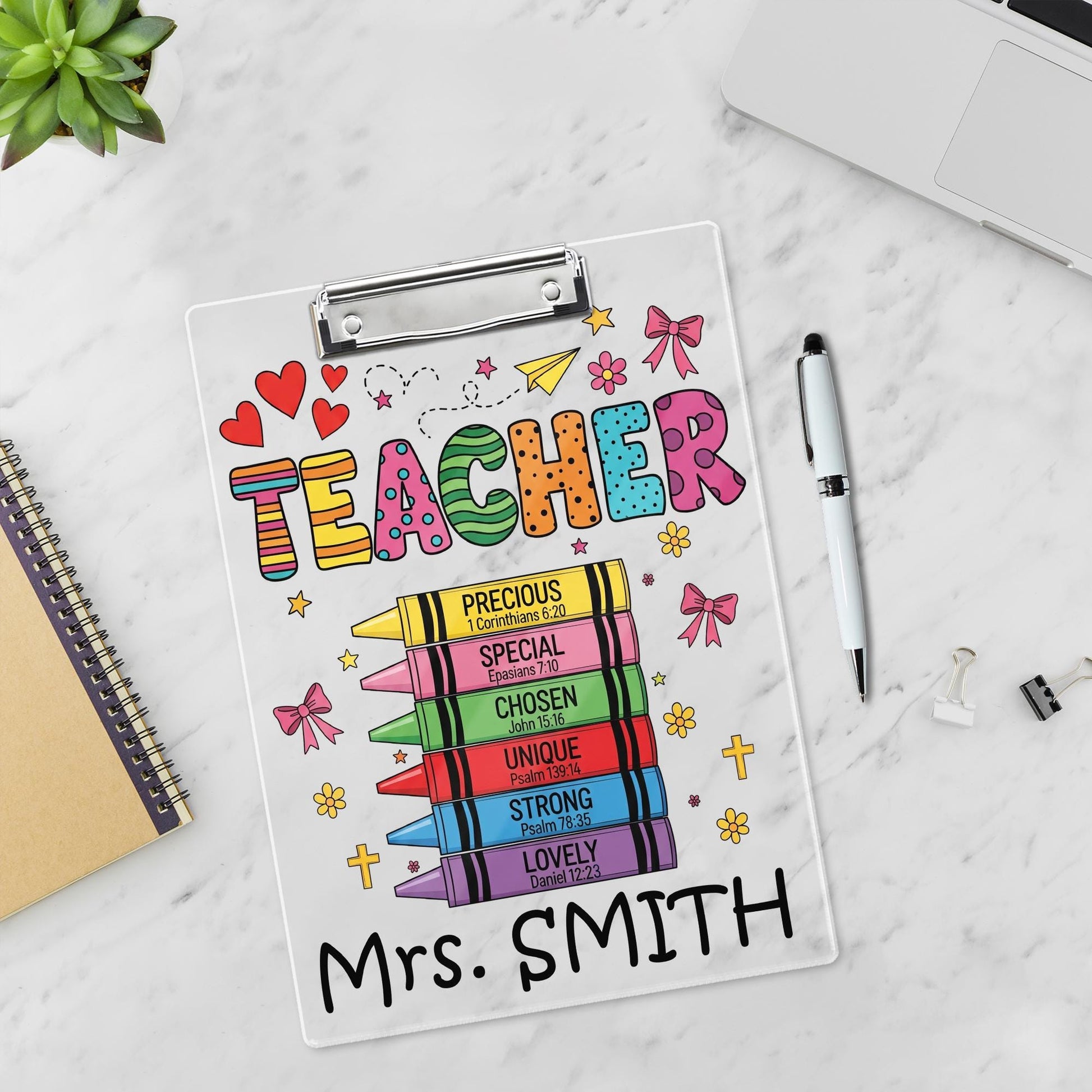 Personalized Christian Teacher Clipboard – Colorful Crayon Bible Verse Design, Custom Name Gift for Faith-Based Classroom or Church School