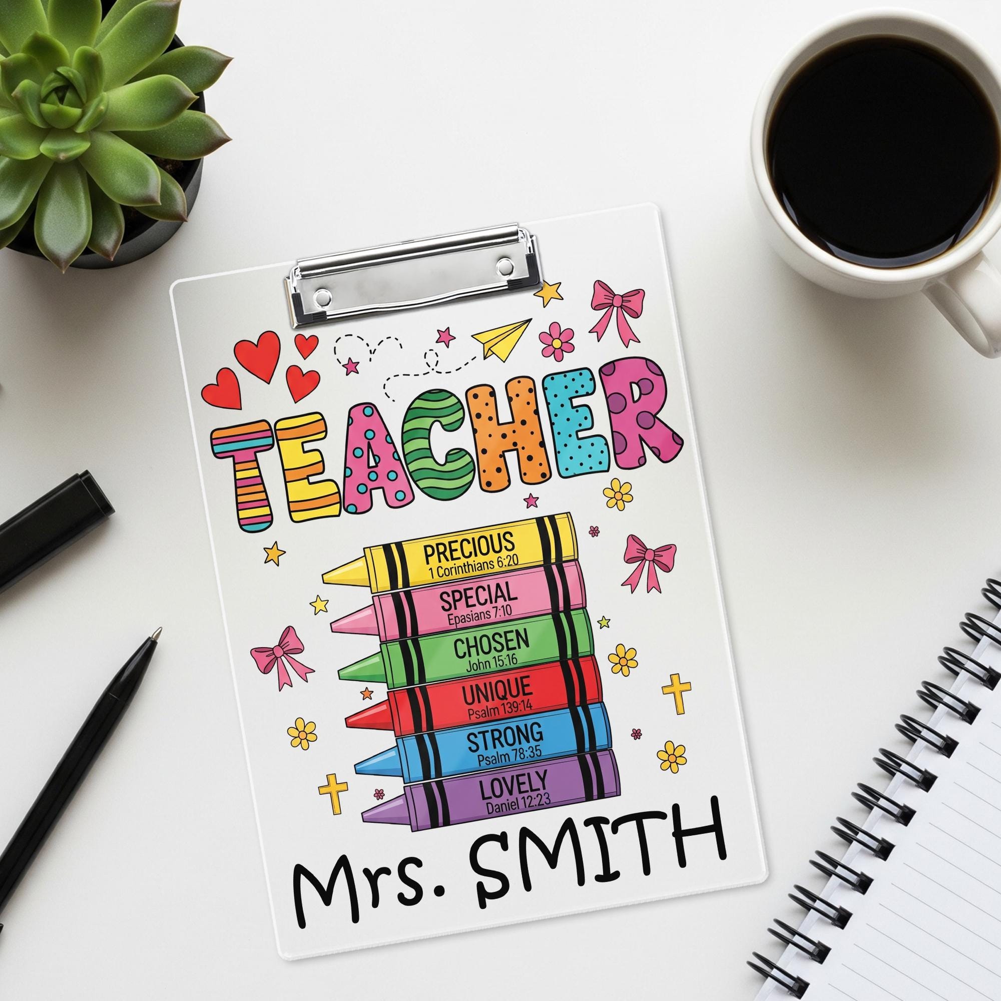 Personalized Christian Teacher Clipboard – Colorful Crayon Bible Verse Design, Custom Name Gift for Faith-Based Classroom or Church School