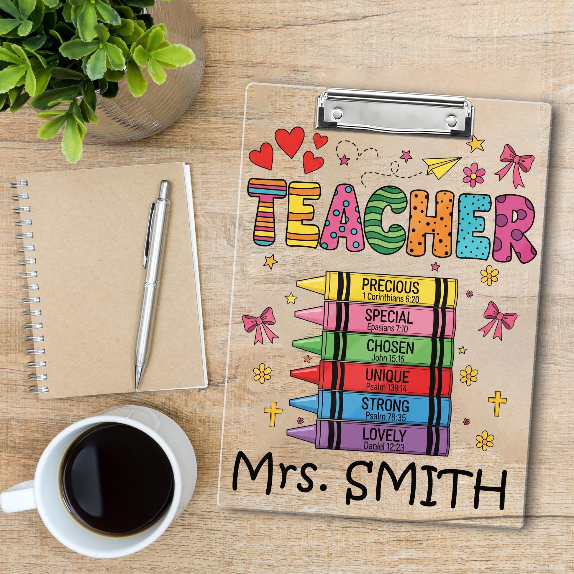 Personalized Christian Teacher Clipboard – Colorful Crayon Bible Verse Design, Custom Name Gift for Faith-Based Classroom or Church School