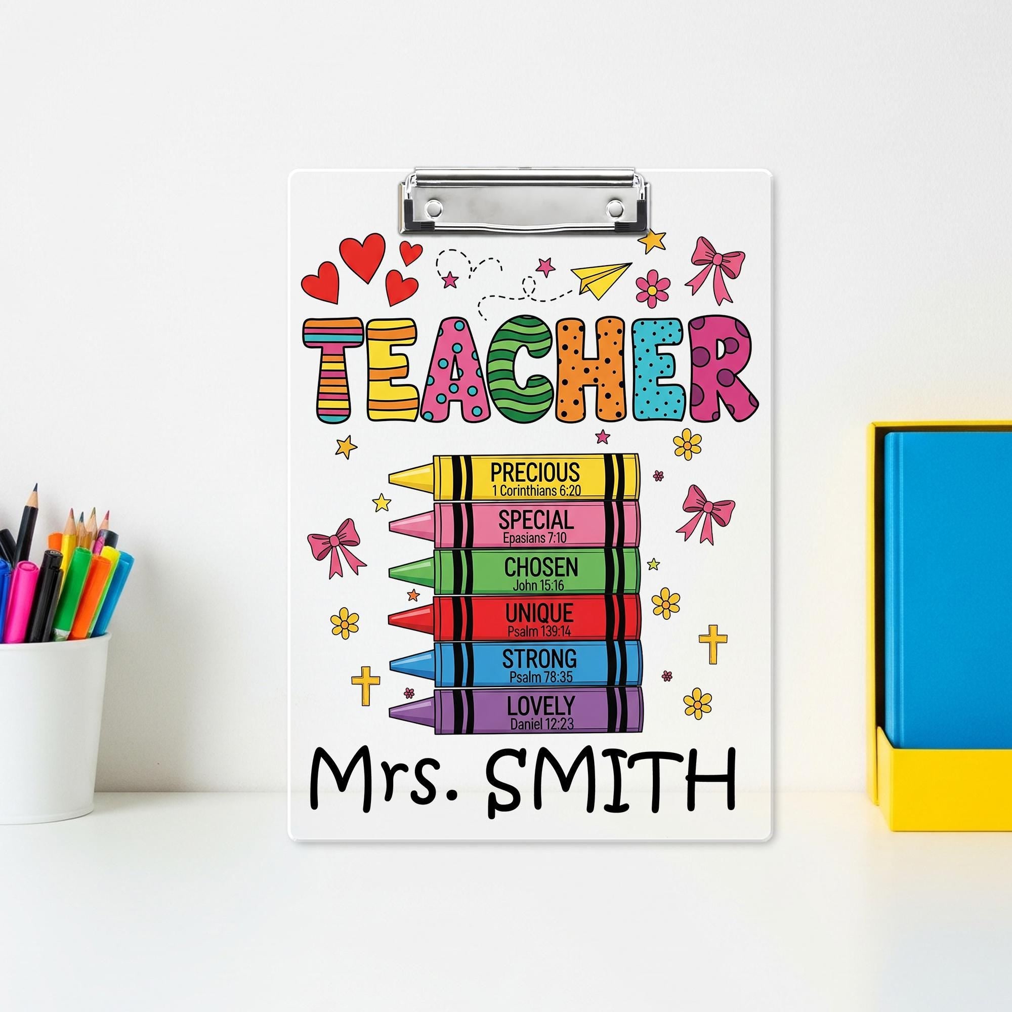 Personalized Christian Teacher Clipboard – Colorful Crayon Bible Verse Design, Custom Name Gift for Faith-Based Classroom or Church School