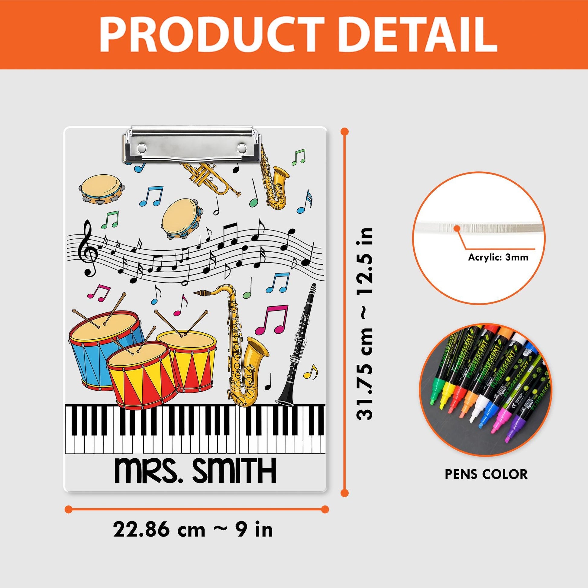 Personalized Music Teacher Clipboard – Custom Name Gift with Colorful Instruments, Notes & Piano Keys, Fun Classroom or Band Decor