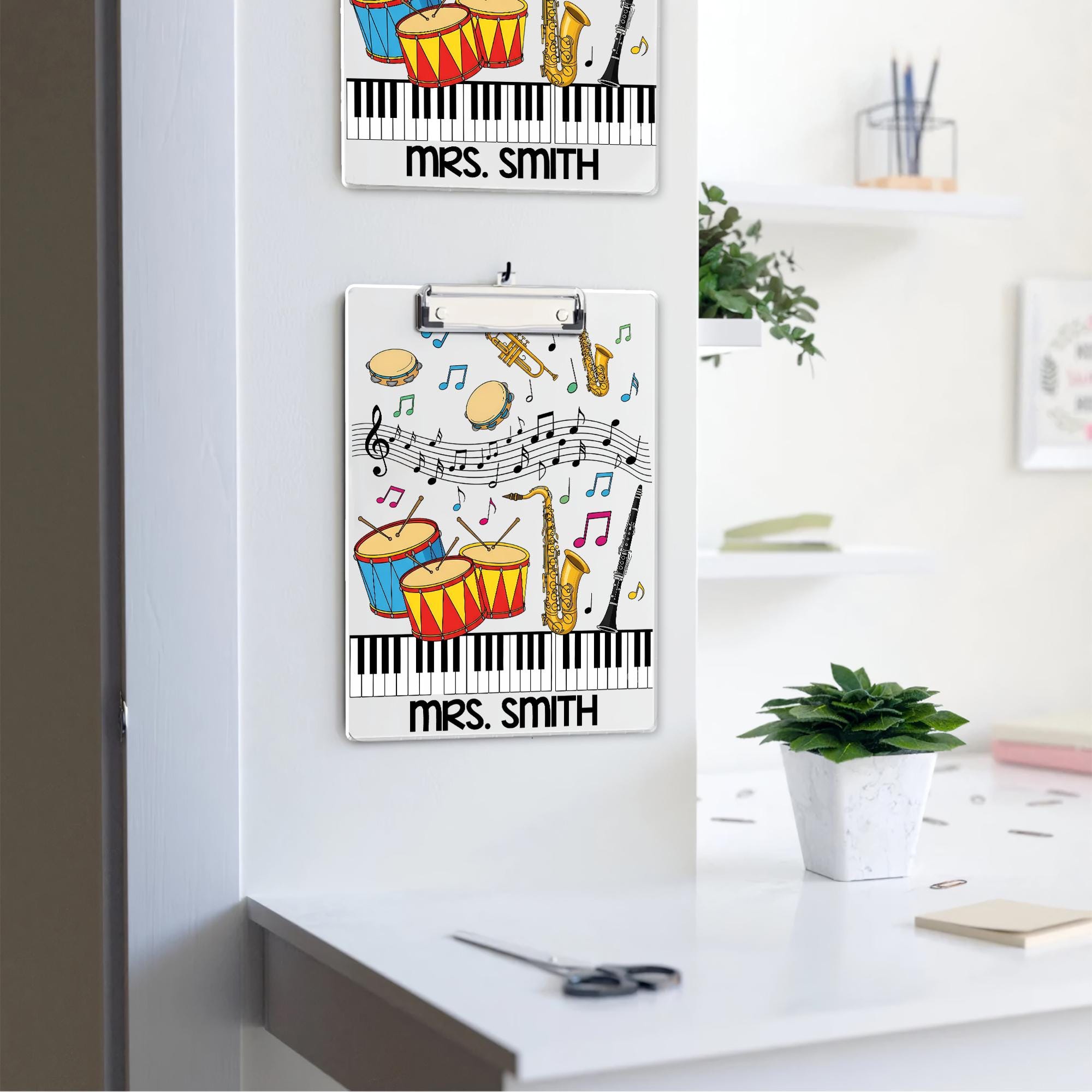 Personalized Music Teacher Clipboard – Custom Name Gift with Colorful Instruments, Notes & Piano Keys, Fun Classroom or Band Decor