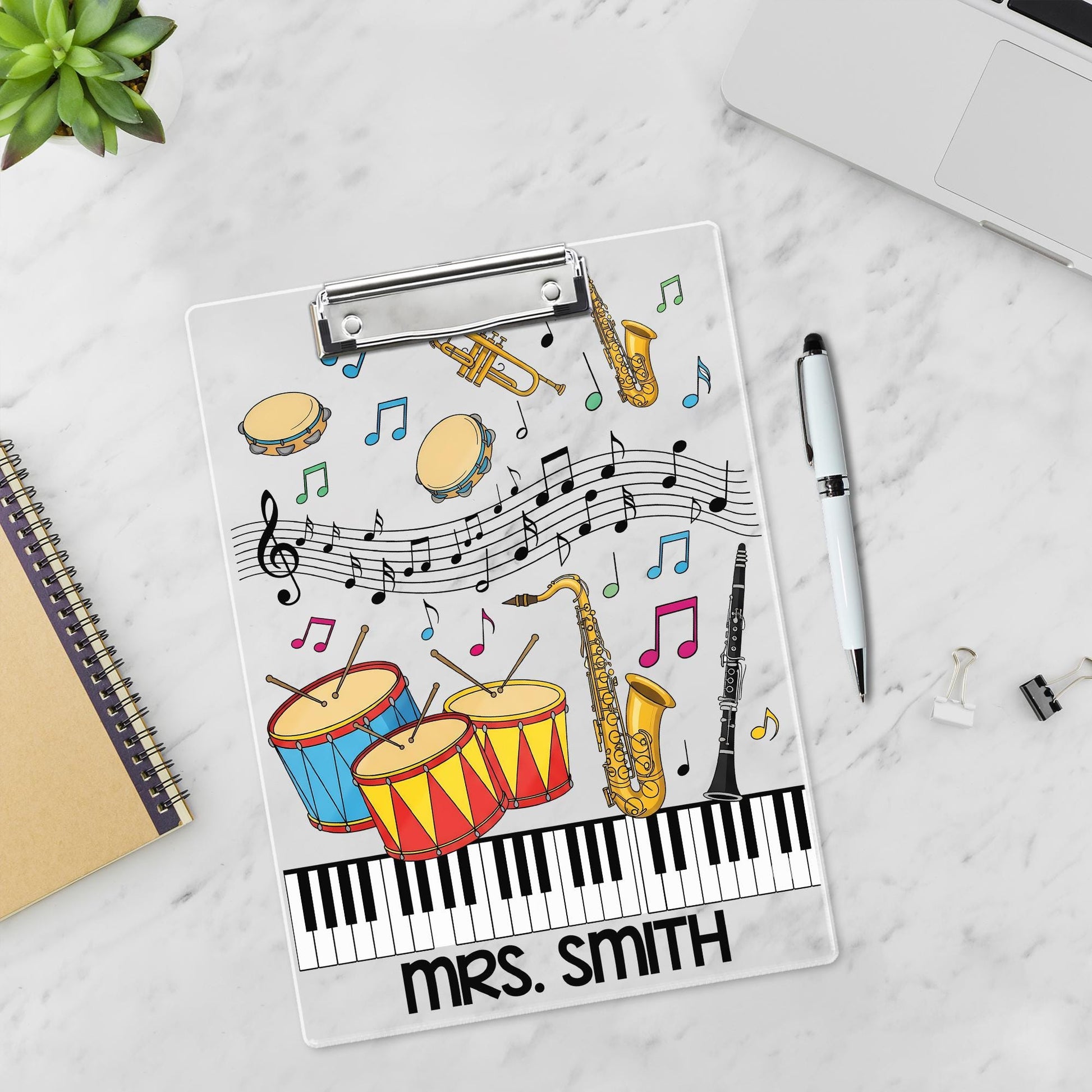 Personalized Music Teacher Clipboard – Custom Name Gift with Colorful Instruments, Notes & Piano Keys, Fun Classroom or Band Decor