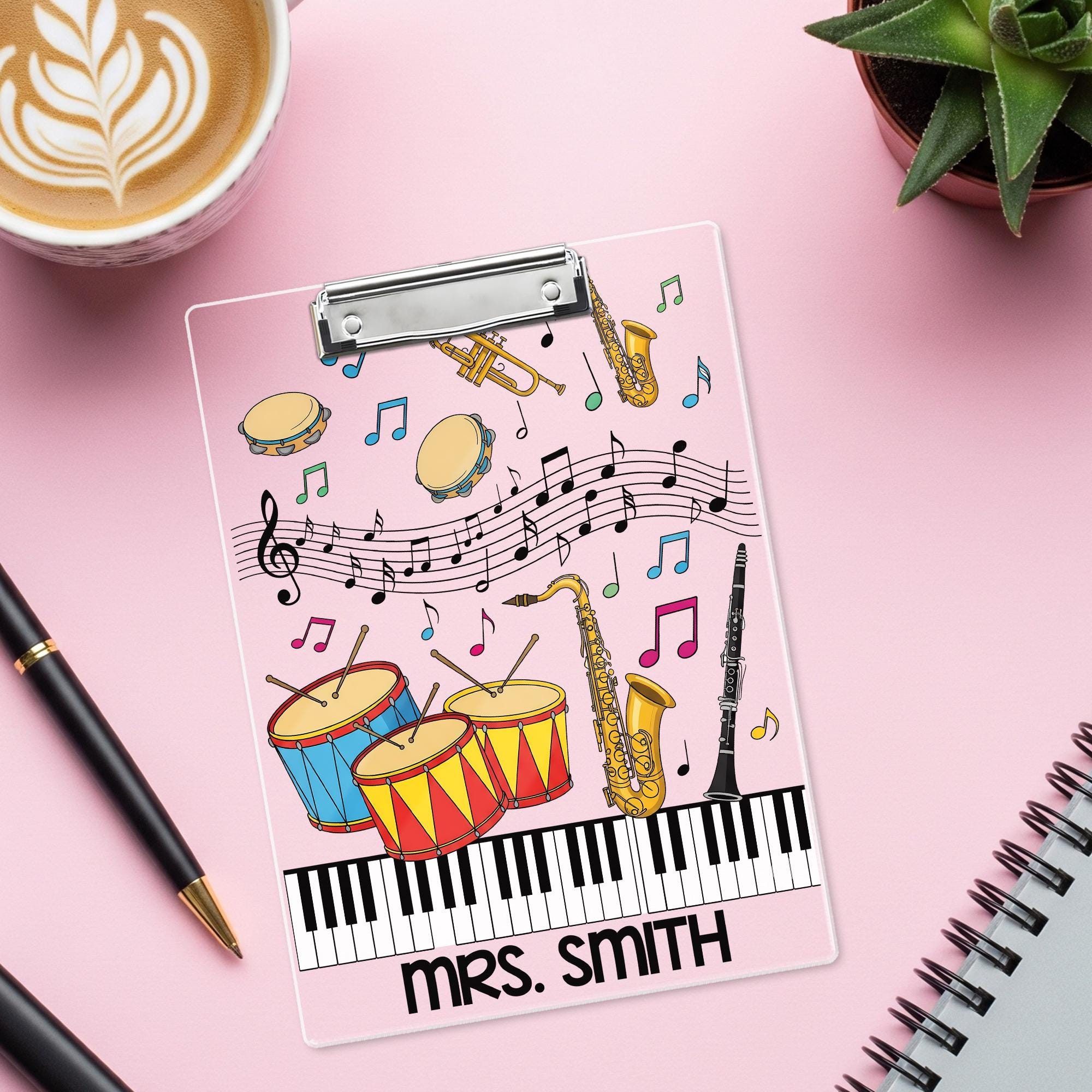 Personalized Music Teacher Clipboard – Custom Name Gift with Colorful Instruments, Notes & Piano Keys, Fun Classroom or Band Decor