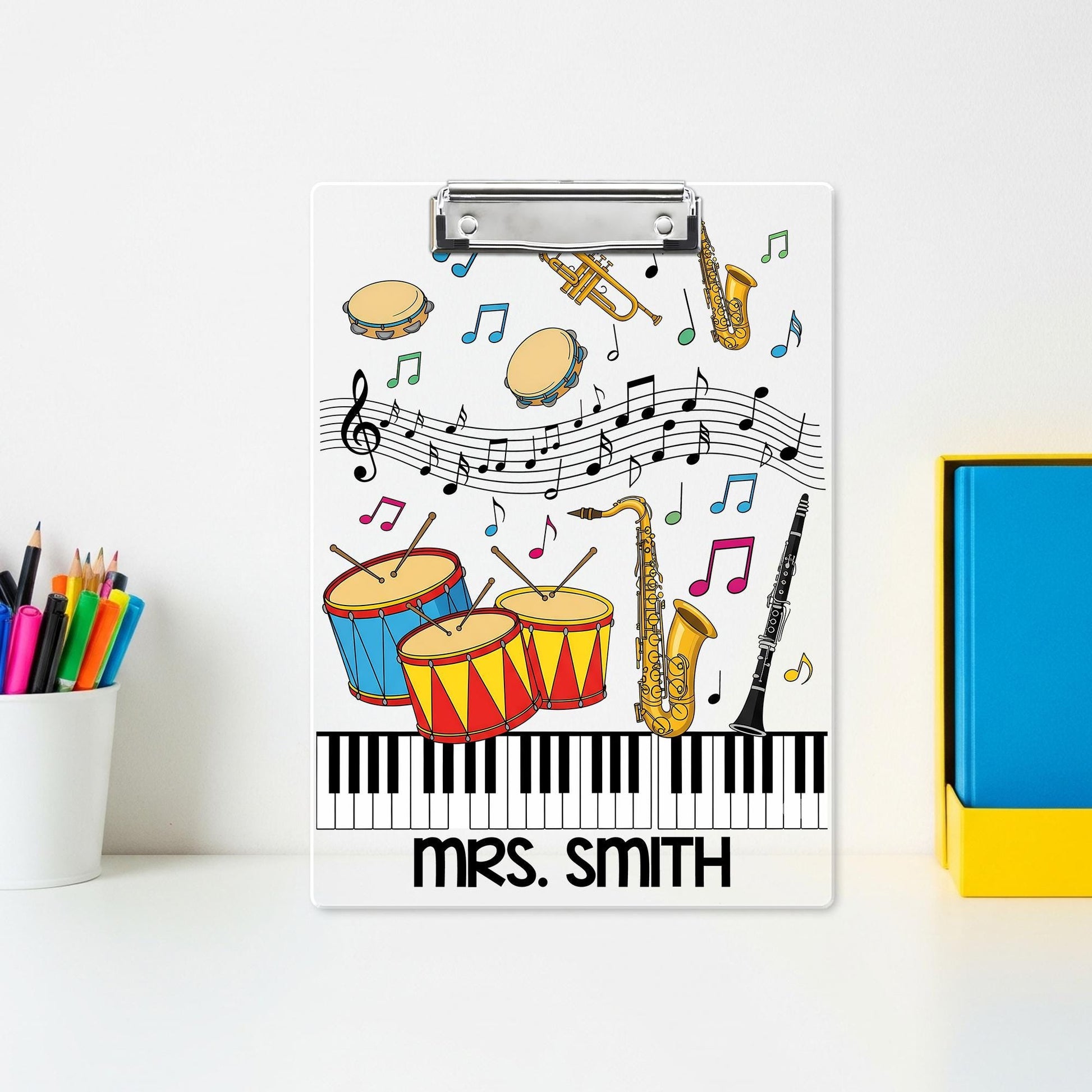 Personalized Music Teacher Clipboard – Custom Name Gift with Colorful Instruments, Notes & Piano Keys, Fun Classroom or Band Decor